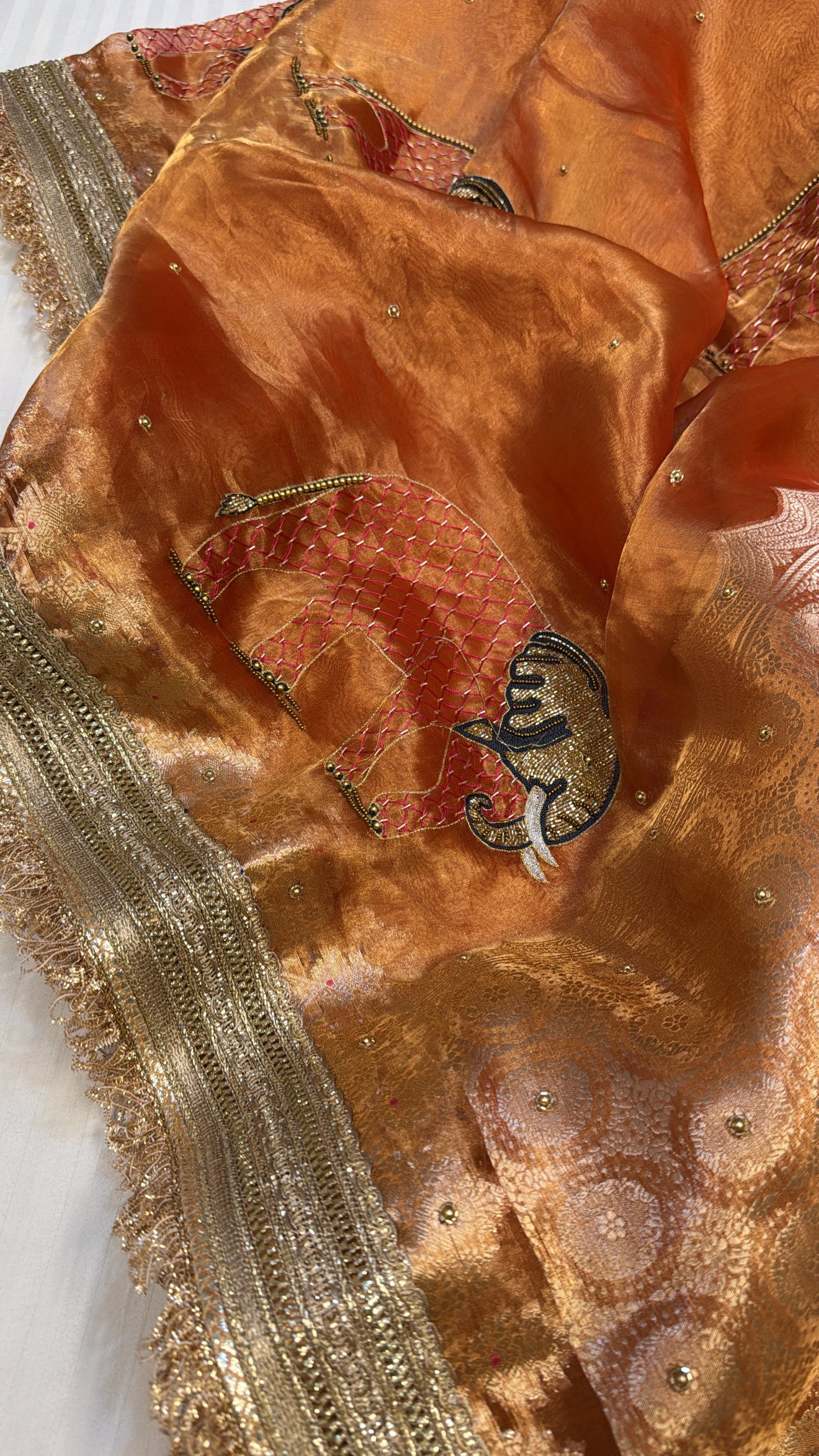 Gajri red elephant meenakari motif tissue silk heavy hand embroidered saree