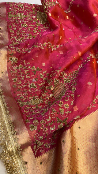 Cocktail wali saree - Strawberry pink tissue silk heavy hand embroidered saree