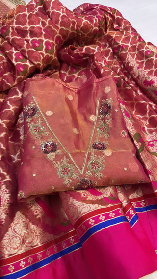 “Kali wala lehenga” — Rani pink semi stitched pure banarasi kali wala lehenga set