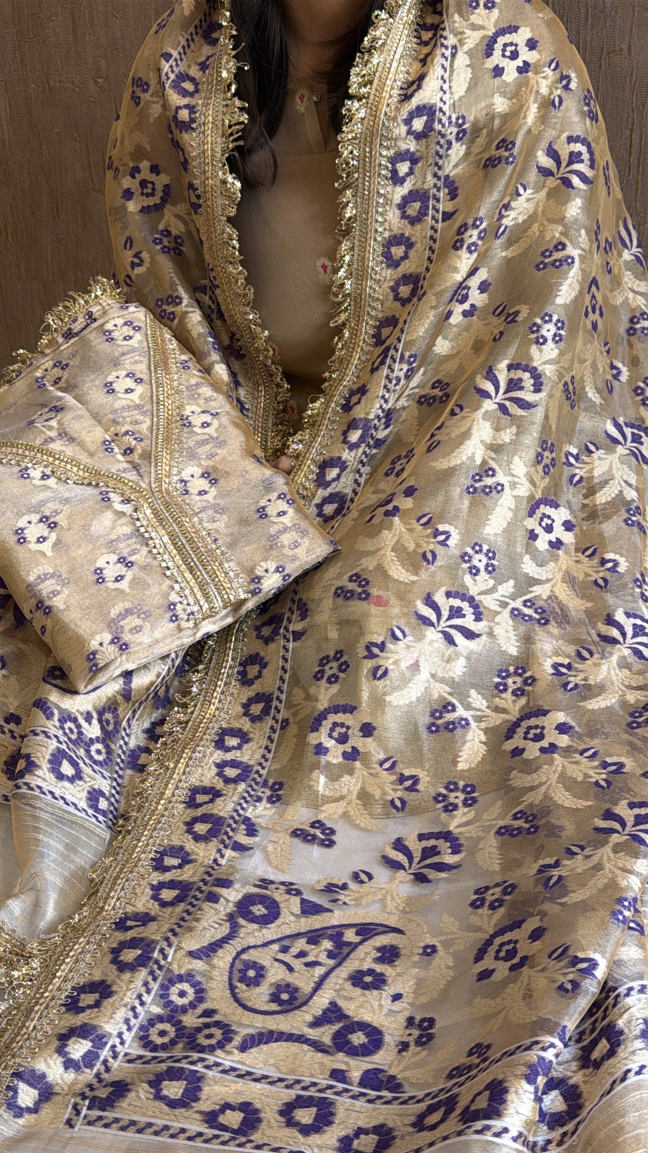 Vivah edit - Golden tissue silk jamdani meenakari weaving hand embroidered kadhwa suit set