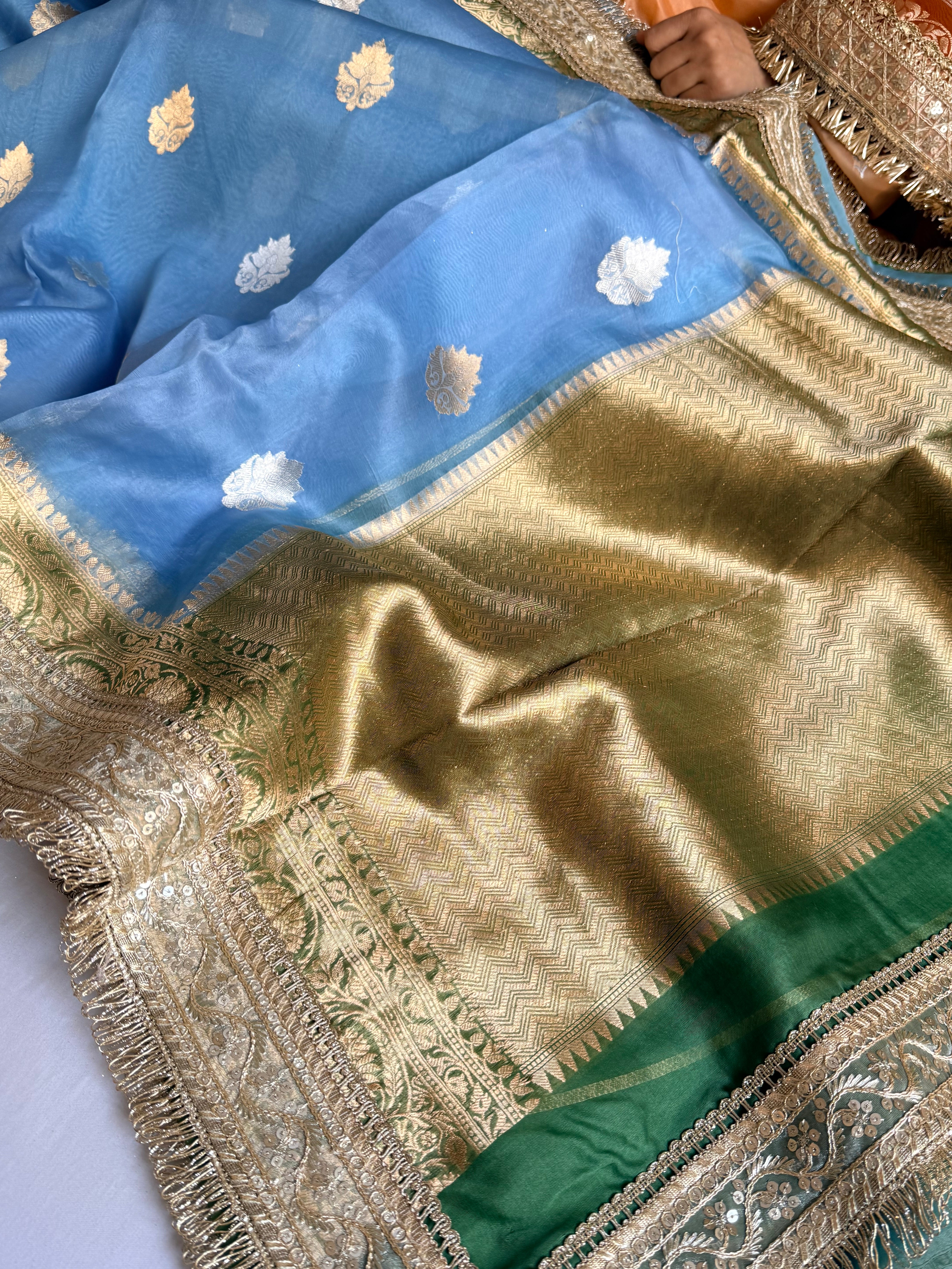 Banarasi leela sky blue-green kora silk kadhwa saree