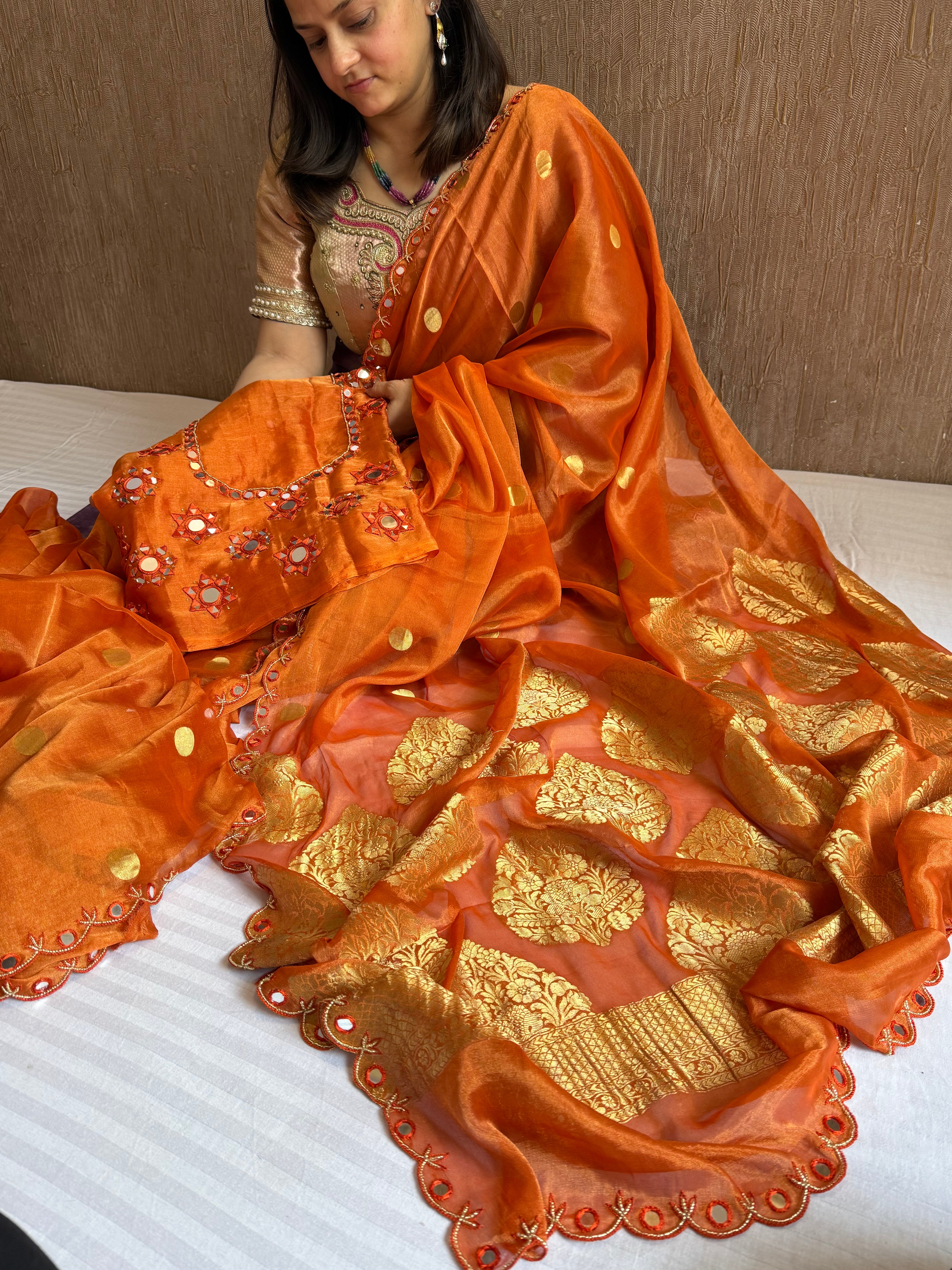 Fanta orange tissue gorgette kadhwa mirror work hand embroidered saree