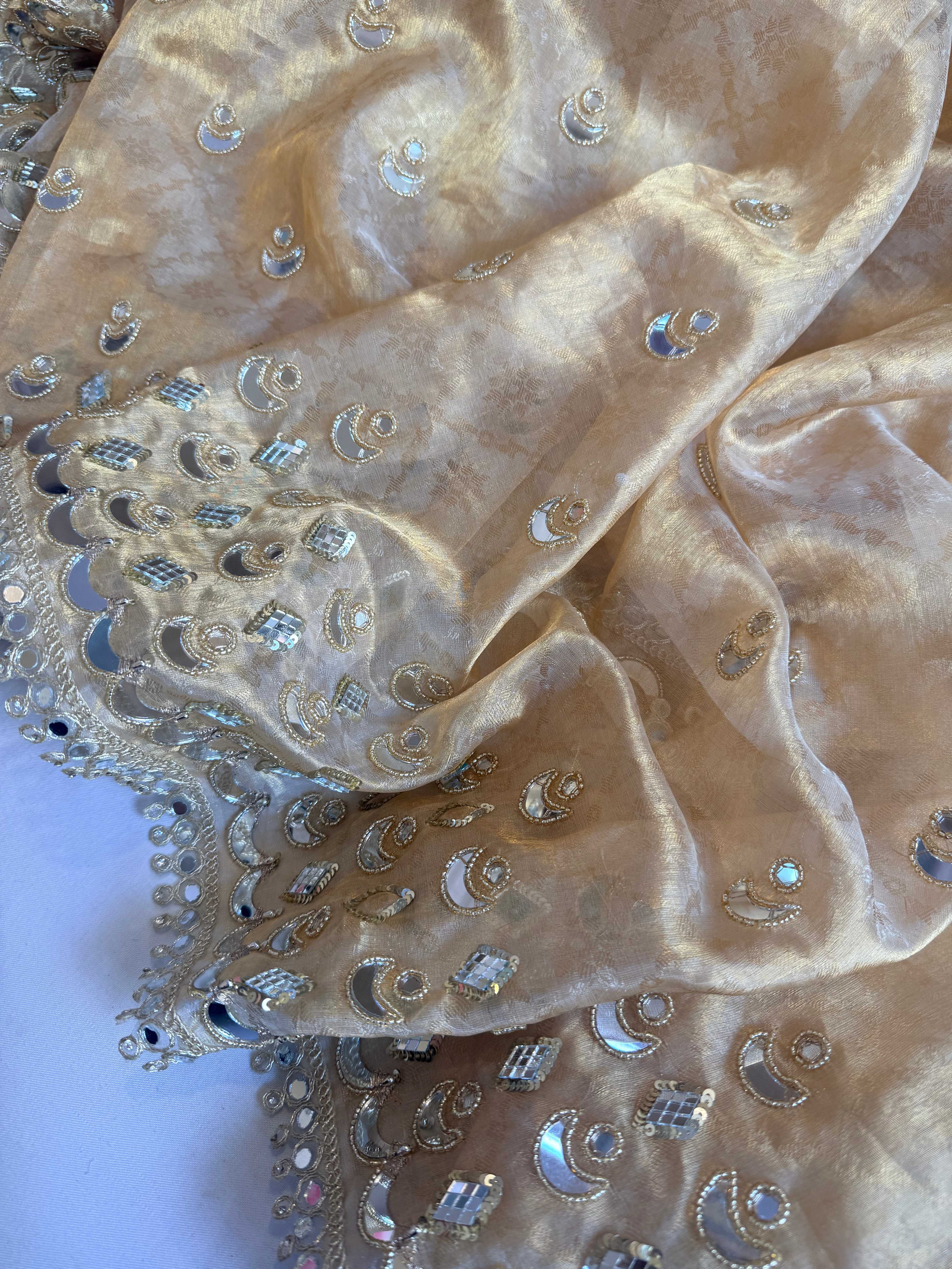 Butter gold tissue silk mirror work hand embroidered kadhwa saree