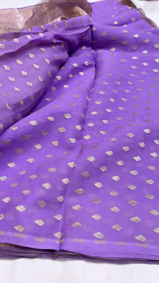 Pure banarasi bright lavender crushed tissue silk handwoven kadhwa saree with intricate border and kadhwa blouse