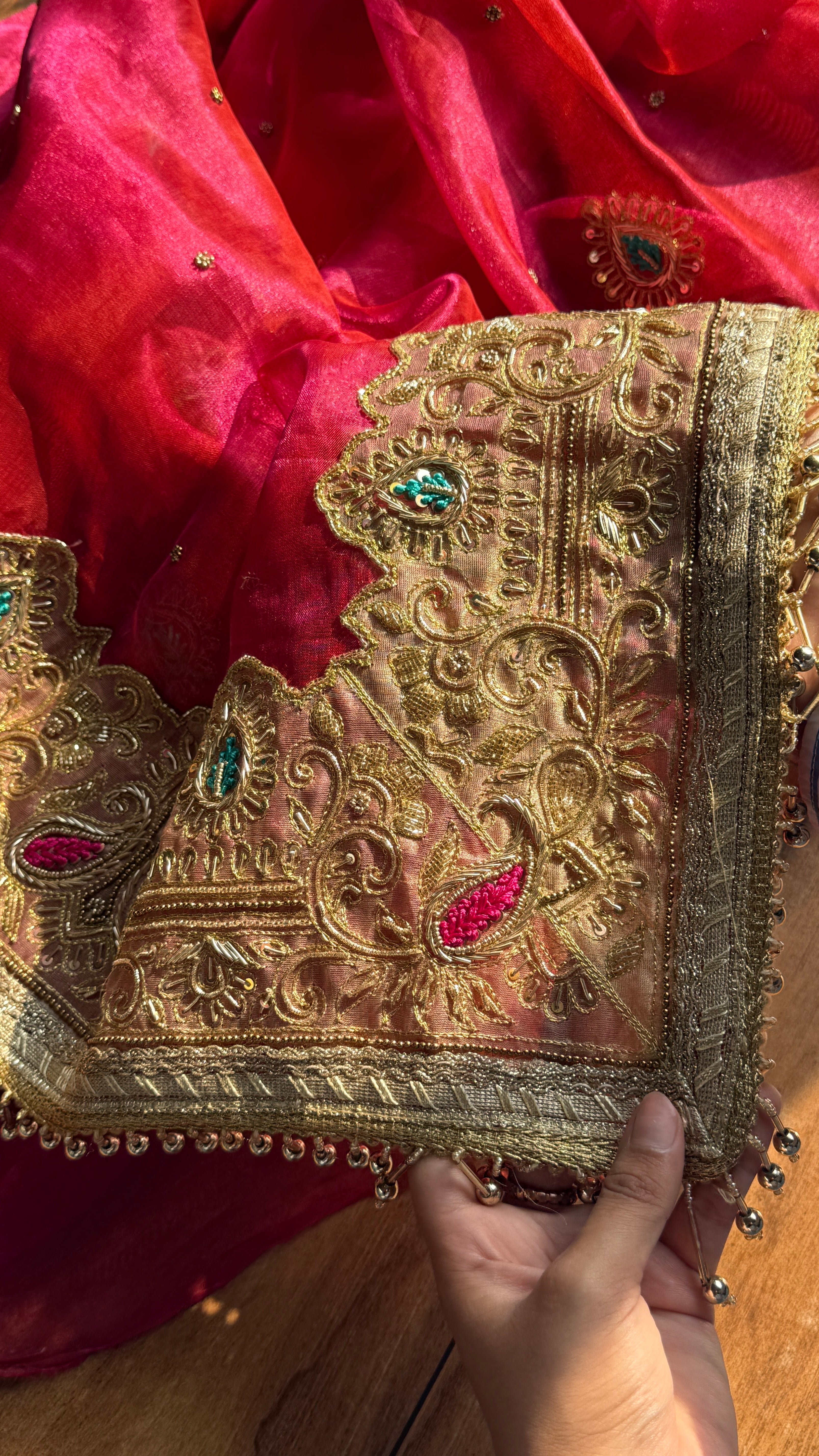 Golden banarasi zardozi heavy hand embroidered meenakari saree