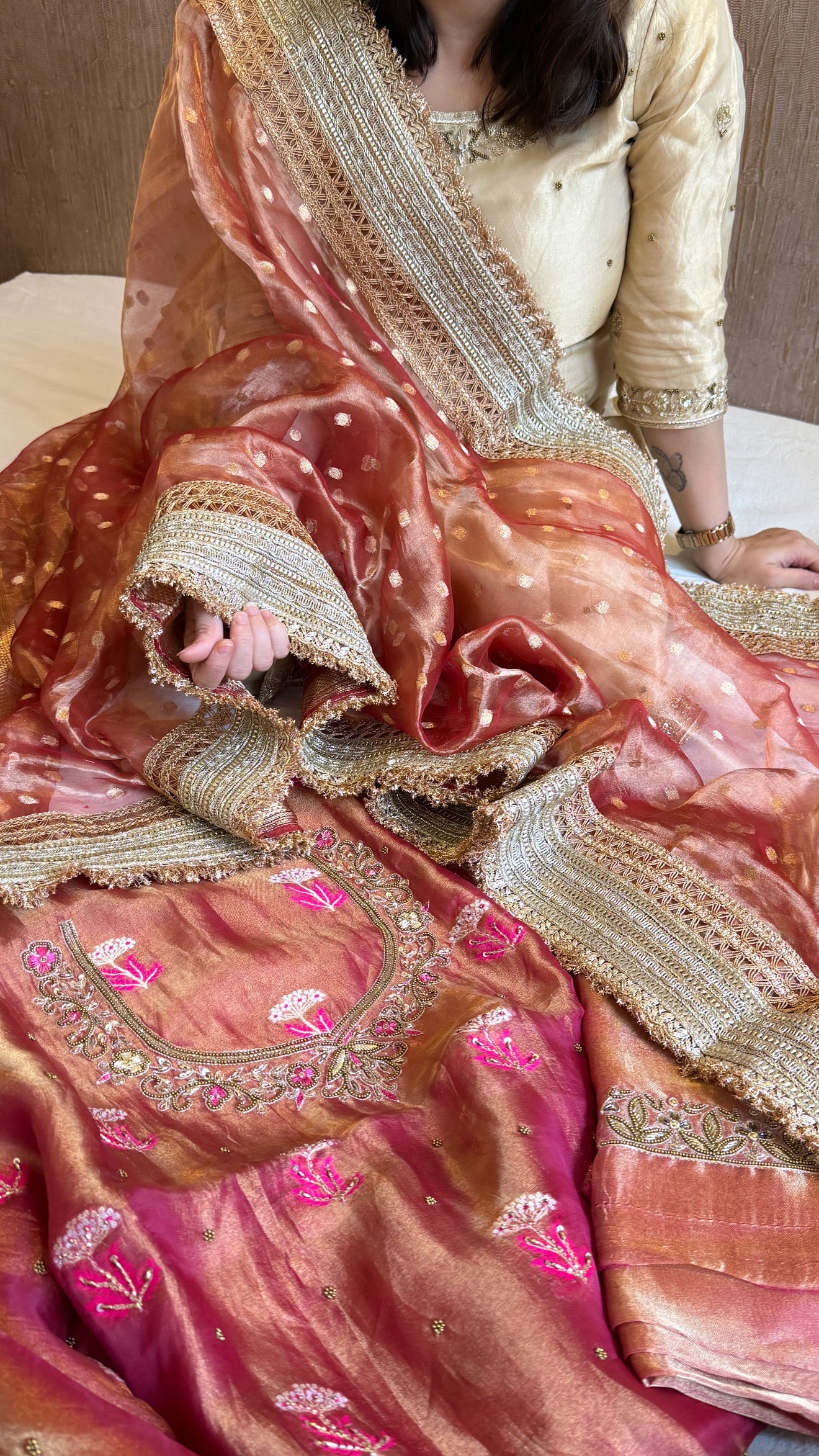 Gajri pinkish red tissue silk heeramandi hand embroidered kadhwa suit set