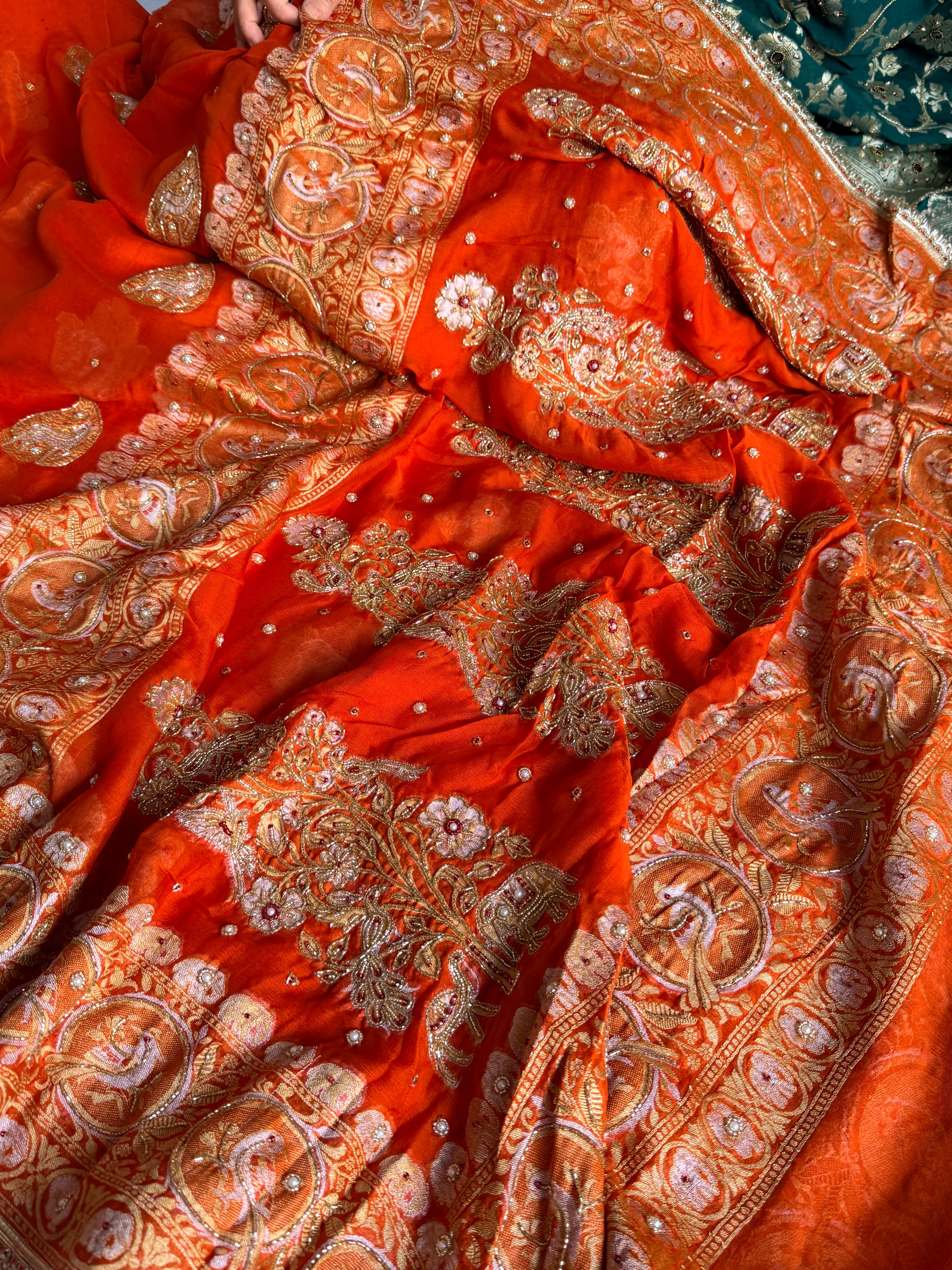 Banarasi chiffon gorgette kadhwa weaving hand embroidered saree