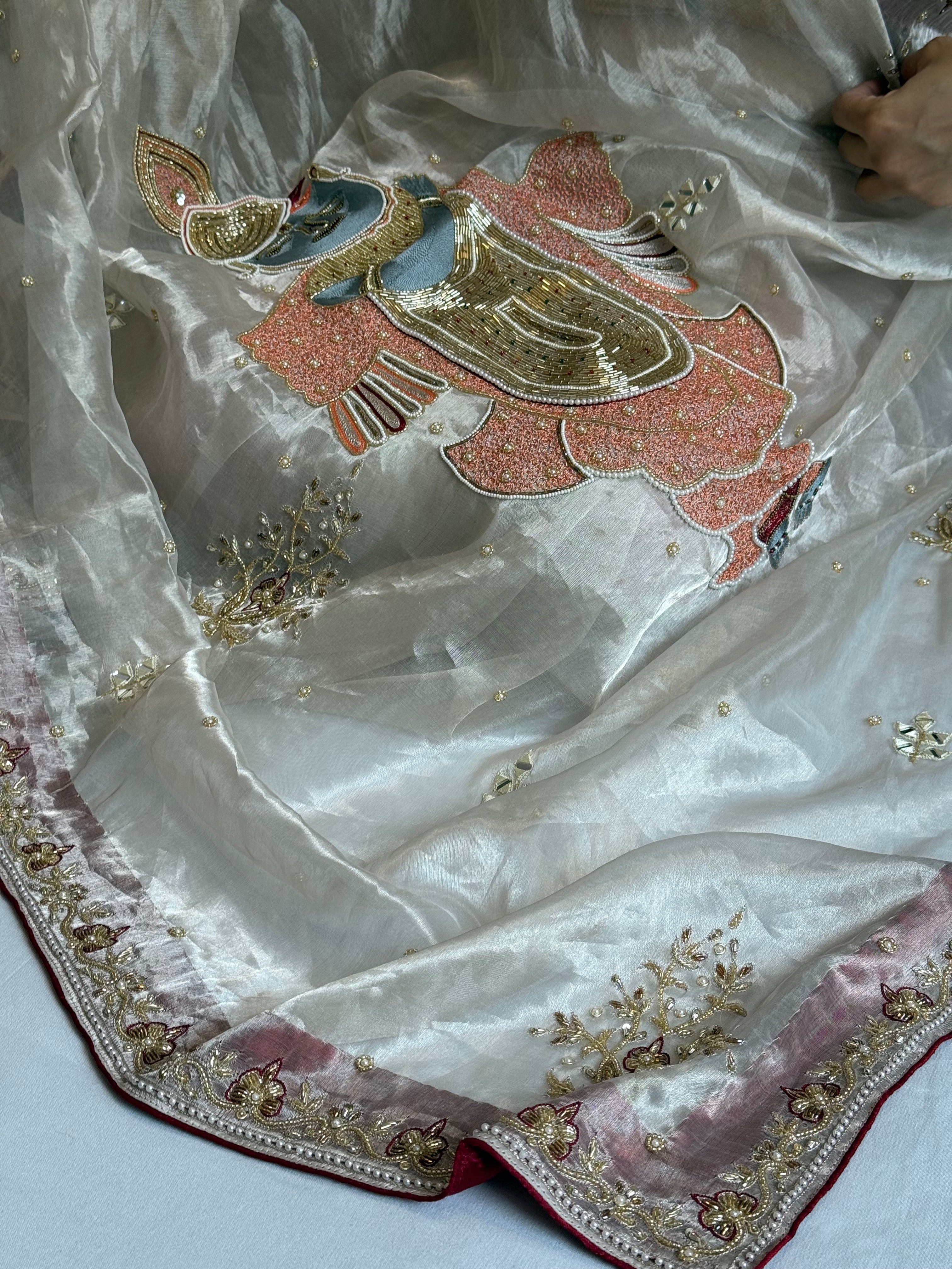 Radhika merchant inspired shreenathji motif diamond tissue silk hand embroidered saree