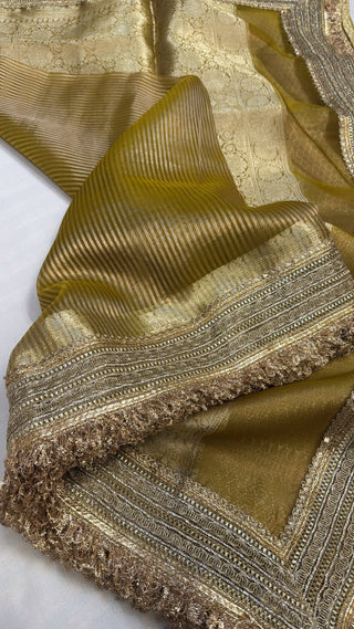 Maharani olive gold striped tissue silk saree