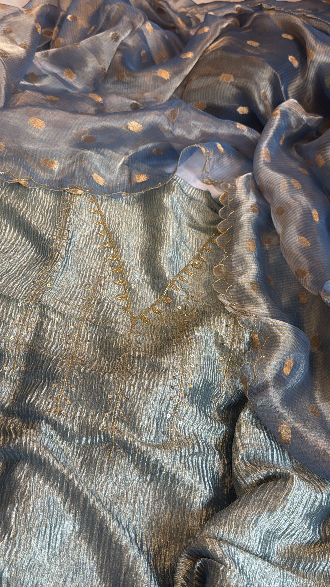 Navy blue crushed tissue silk hand embroidered kadhwa suit set