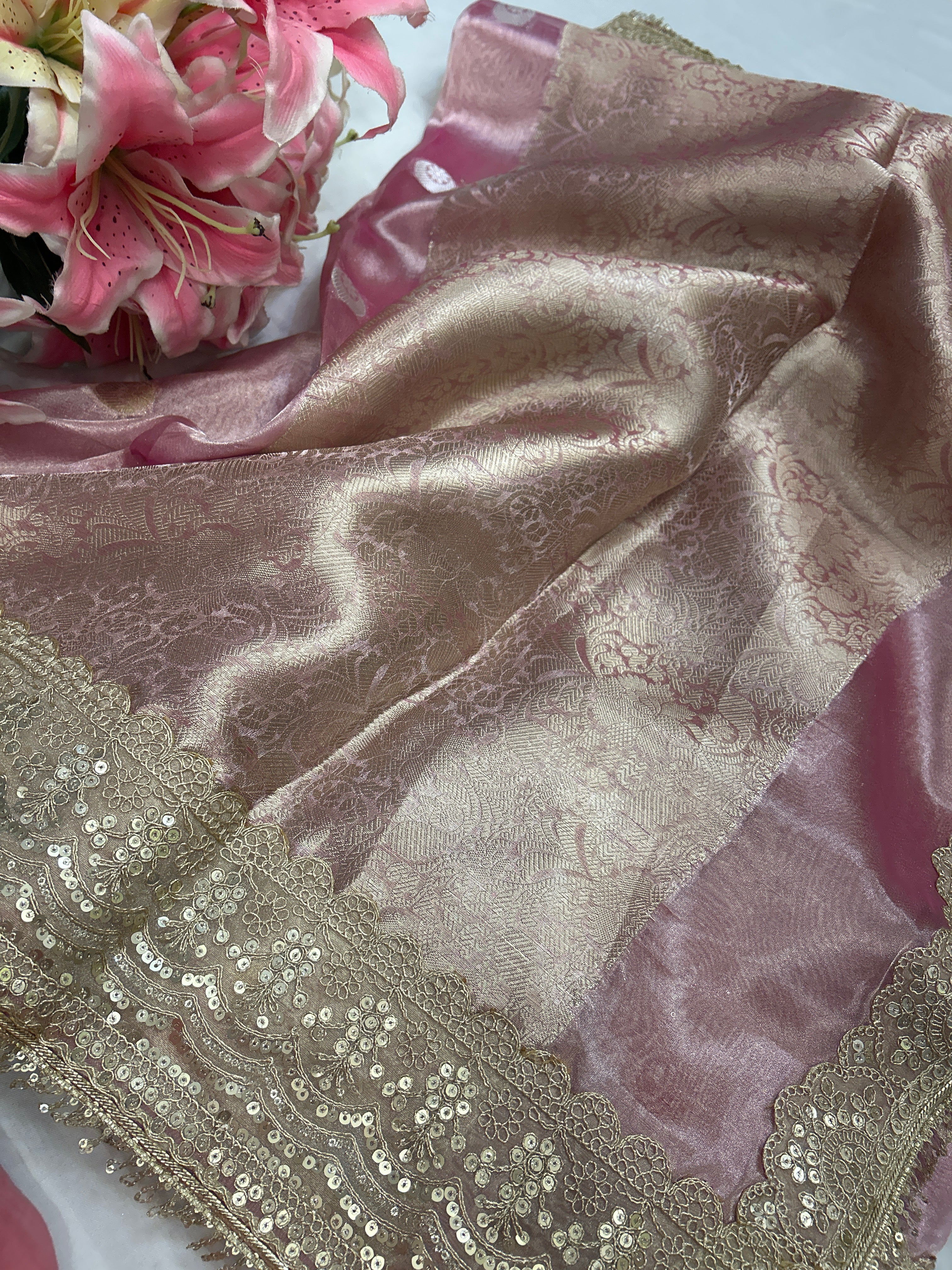 Tissue silk dual tone chand buta sarees