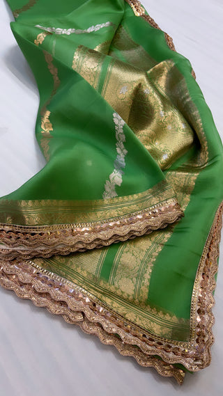 Mehendi green shade leela kora silk jungla saree