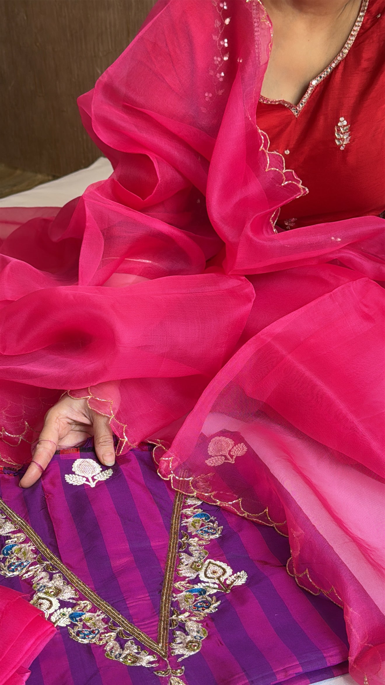 Magenta purple-pink katan silk striped dhup chao effect kurta paired with Kora silk scalloped duppata set