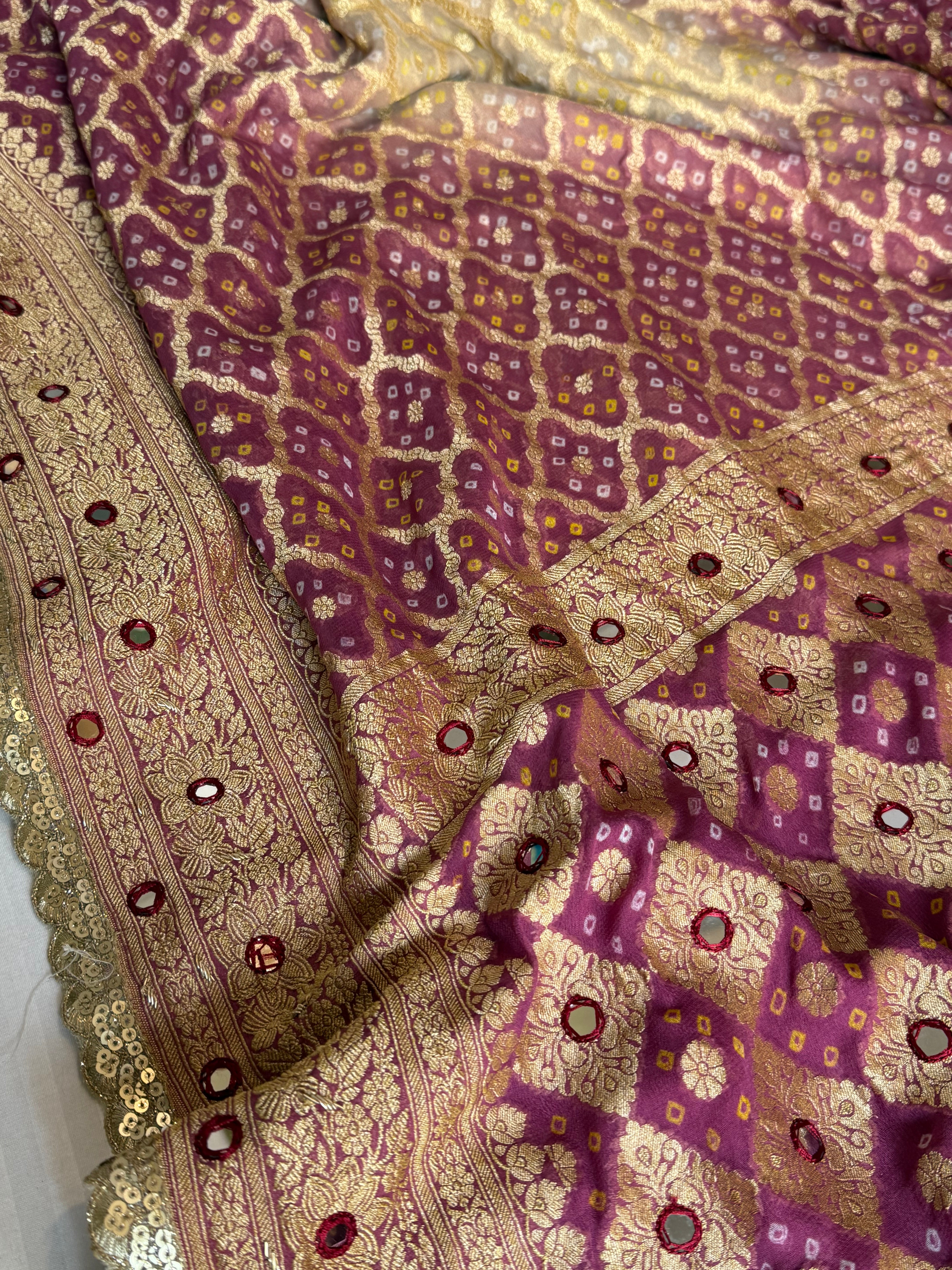 Lotus pink ombre shaded banarasi rai bandhej chiffon gorgette hand embroidered saree