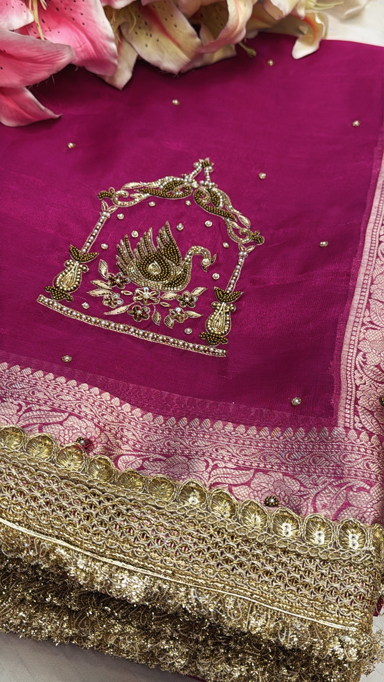 Pink special - Husn lotus pink peacock motif tissue silk hand embroidered saree