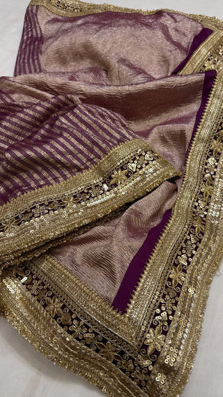 Moonga crushed tissue silk brinjal purple saree