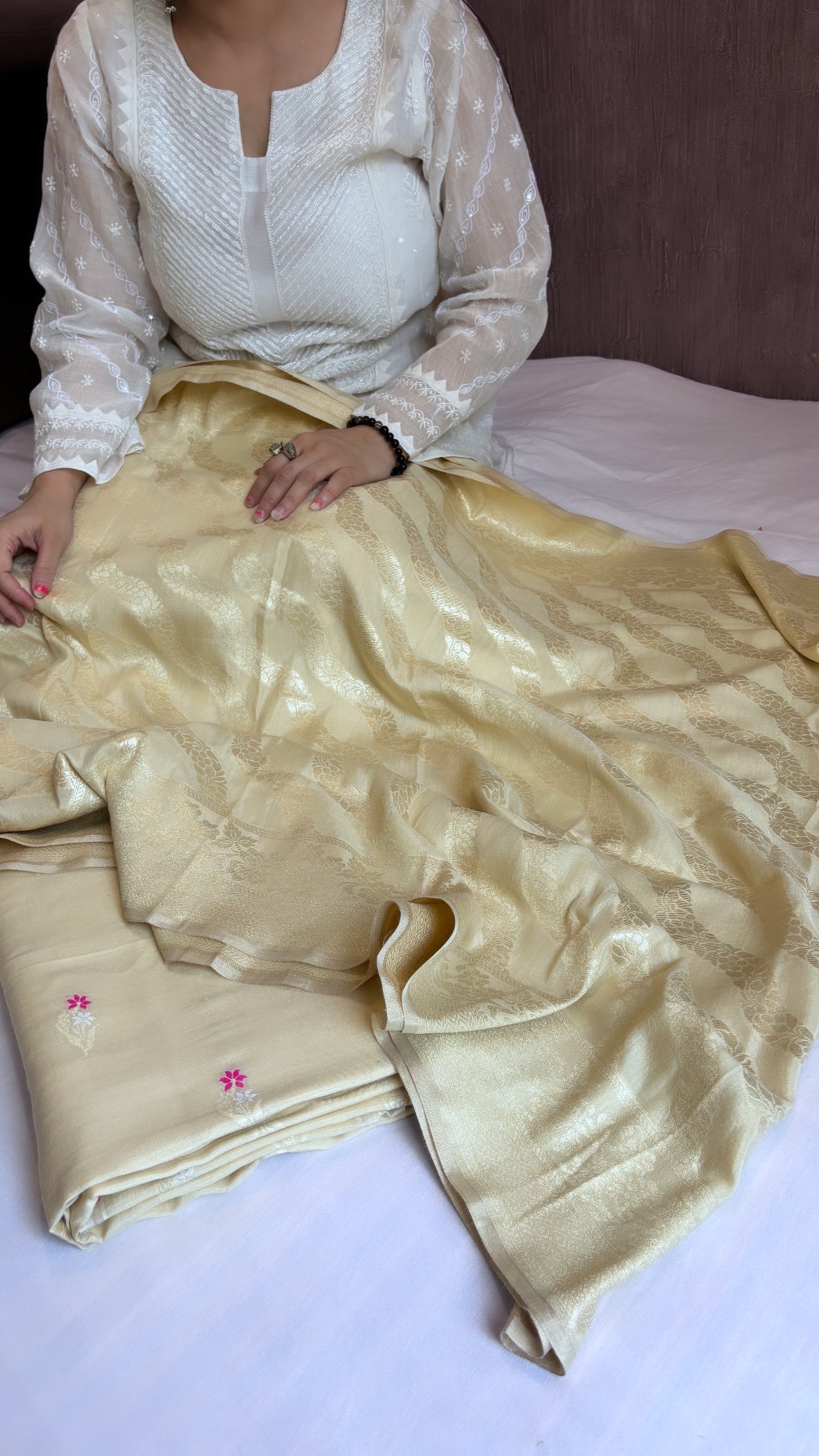 French ivory moonga silk meenedar suit set