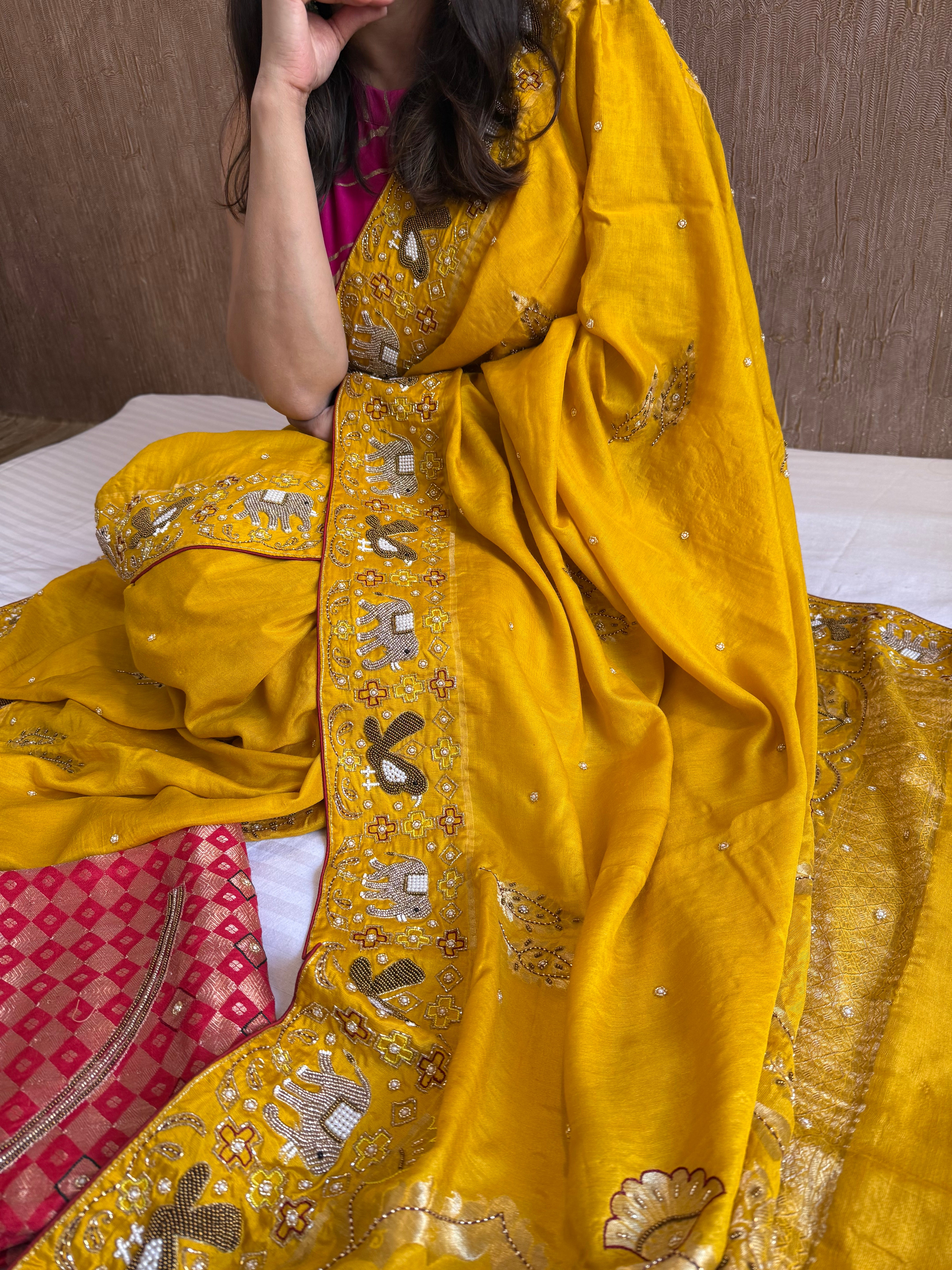 Moonga silk ikkat patola inspired hand embroidered kadhwa saree