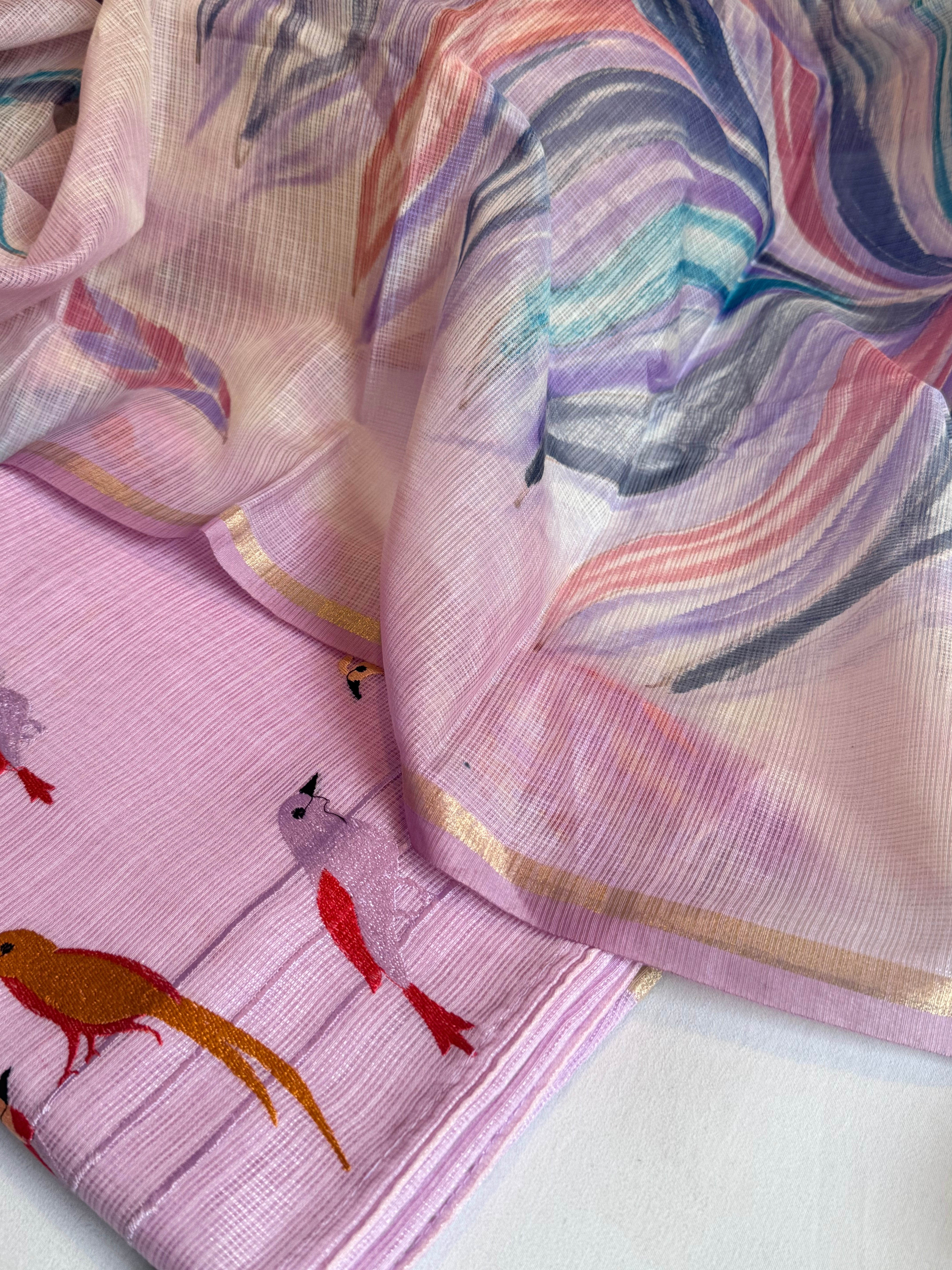 BELOW 8K - Lavender cotton kota silk resham work banarasi suit set