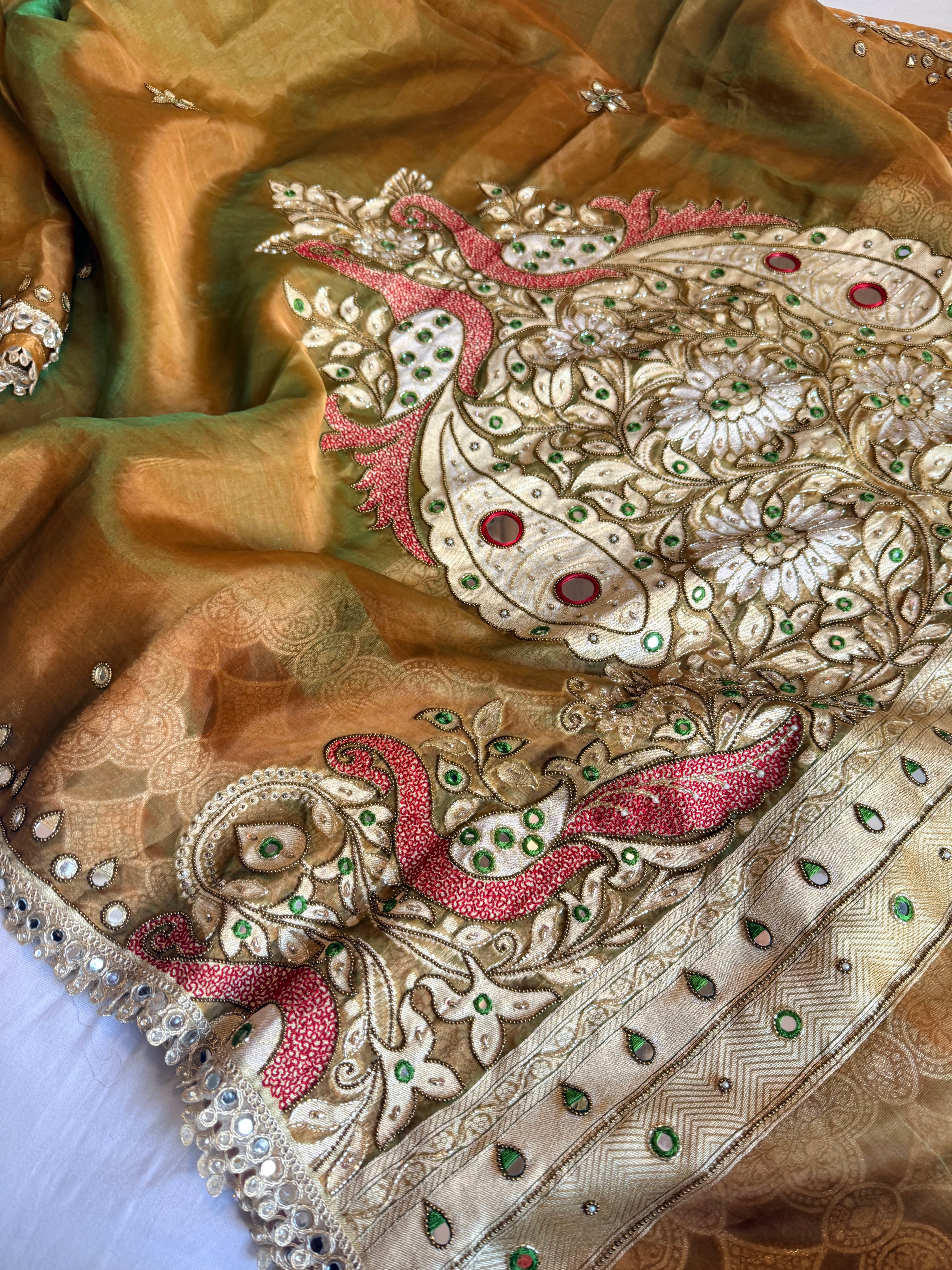 Dhup chao effect tissue silk mirrorwork hand embroidered Paithani pallu kadhwa saree