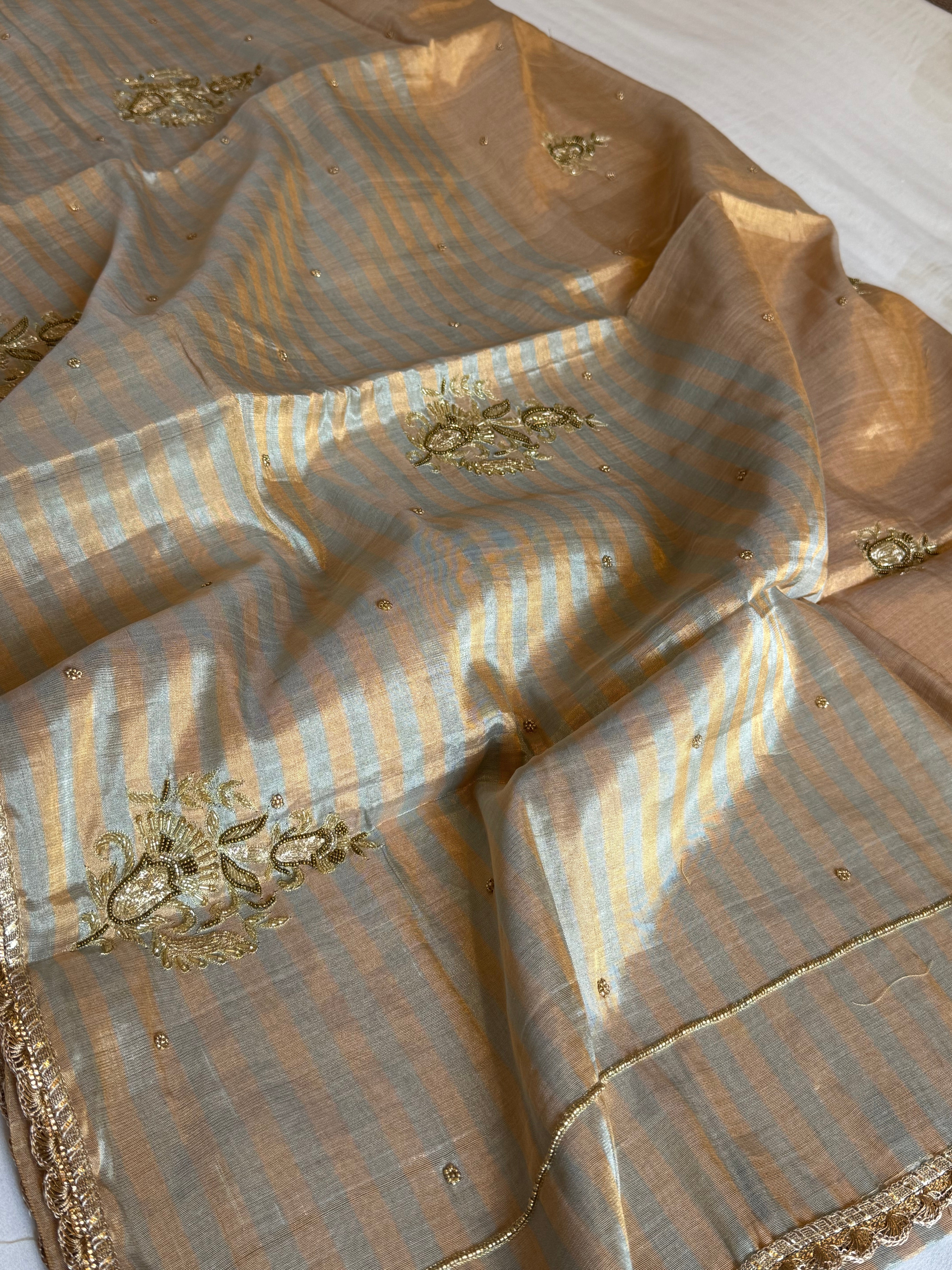 Golden satin tissue silk heavy hand embroidered kadhwa saree