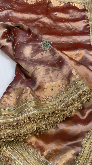Cocktail wali saree - English peach tissue silk hand embroidered saree
