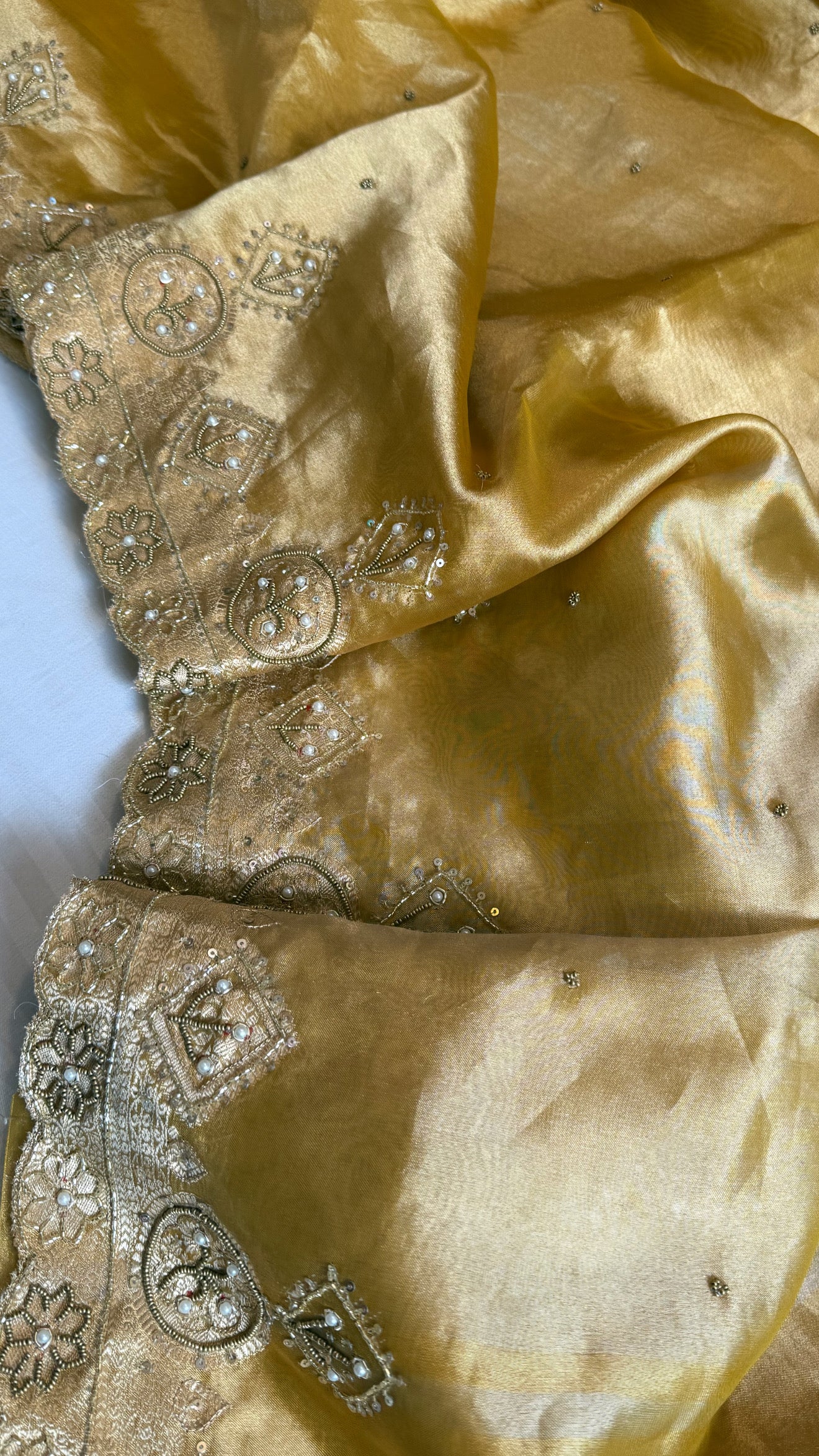 Husn golden yellow tissue silk heavy zardozi hand embroidered saree