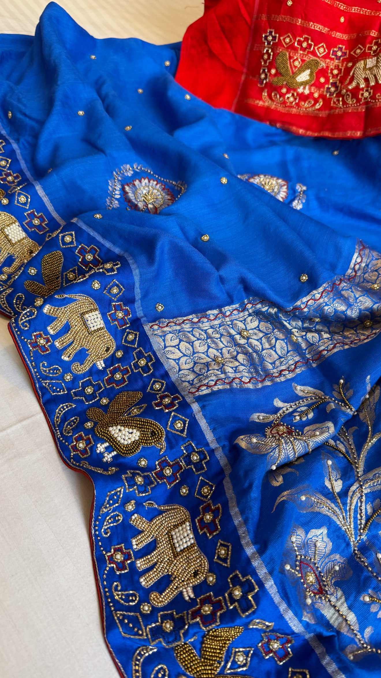 Moonga silk inspired ikkat patola inspired hand embroidered kadhwa saree