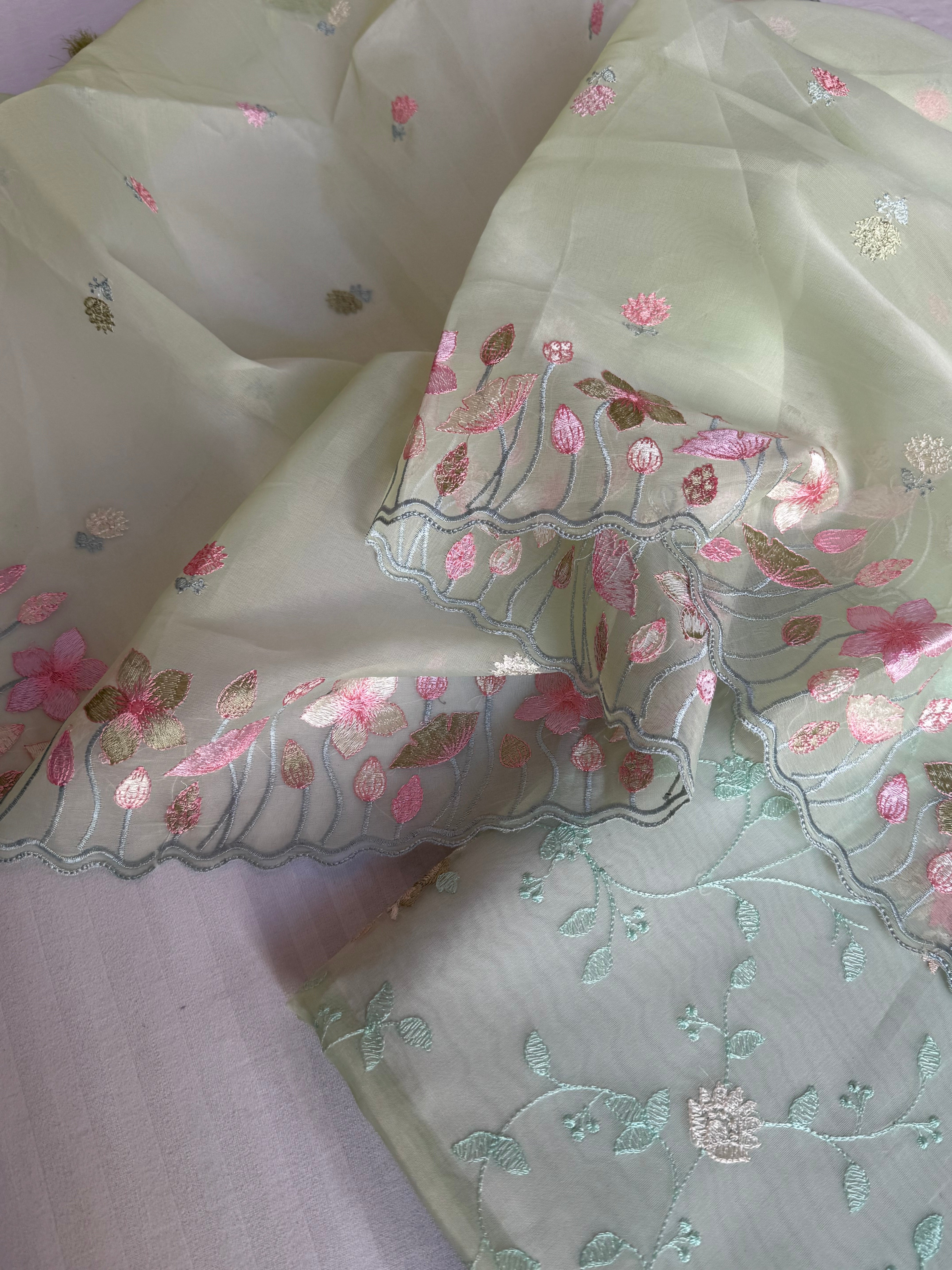 Mint green banarasi kora silk Parsi gara hand embroidered kadhwa suit set