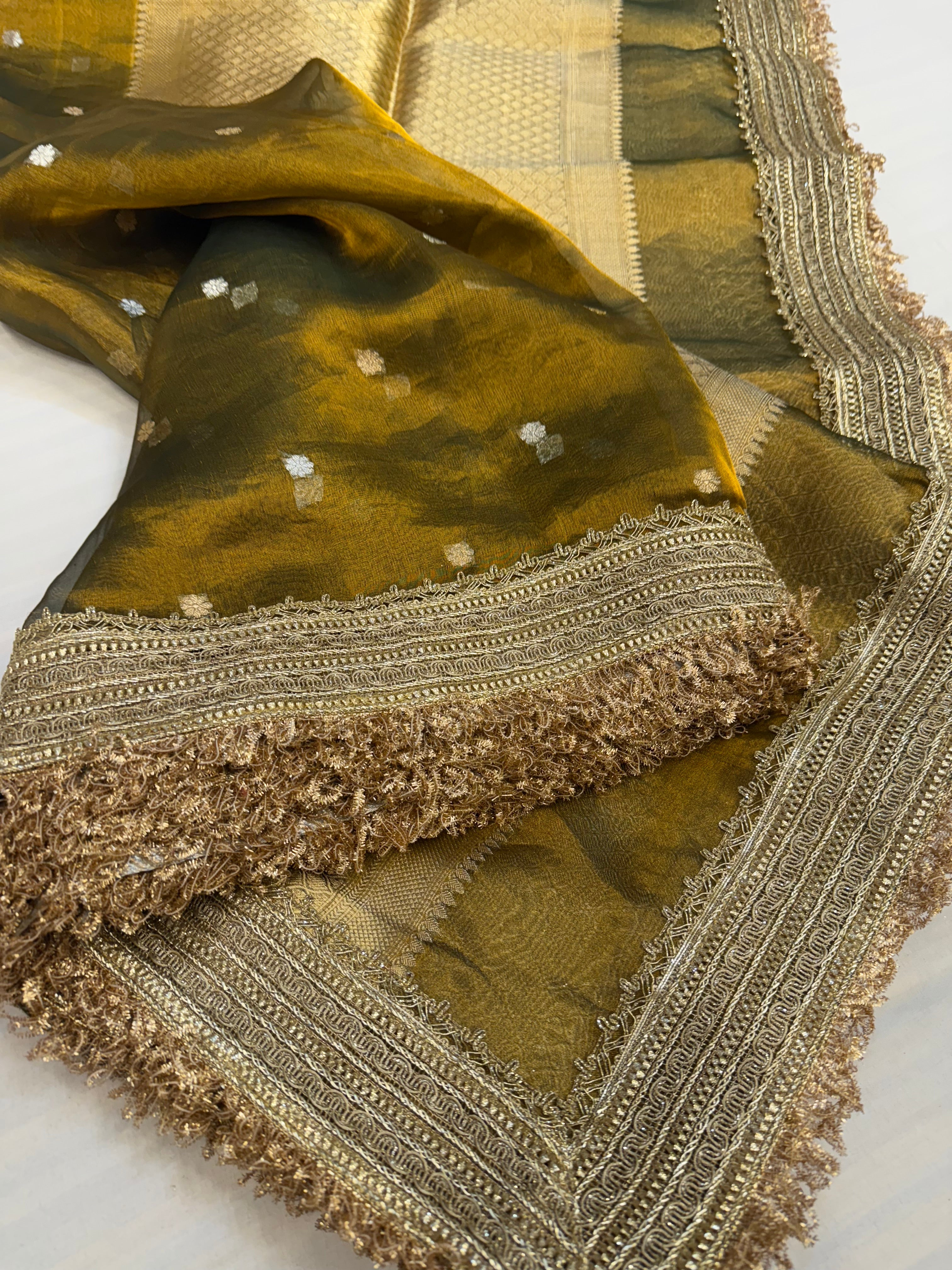 Antique green maharani tissue silk kadhwa buti saree