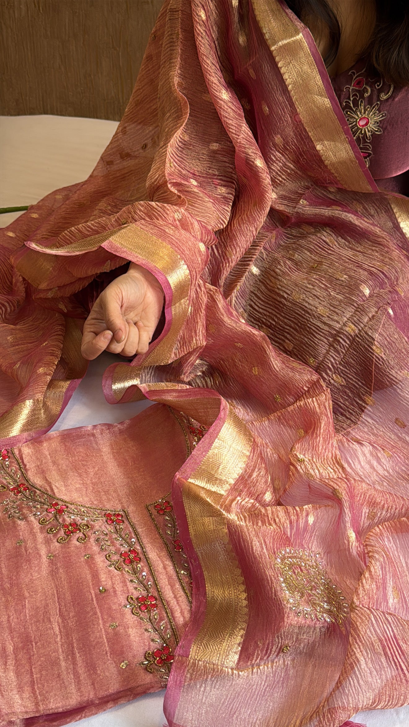 Cherry pink tissue silk hand embroidered kurta paired with crushed tissue silk duppata set