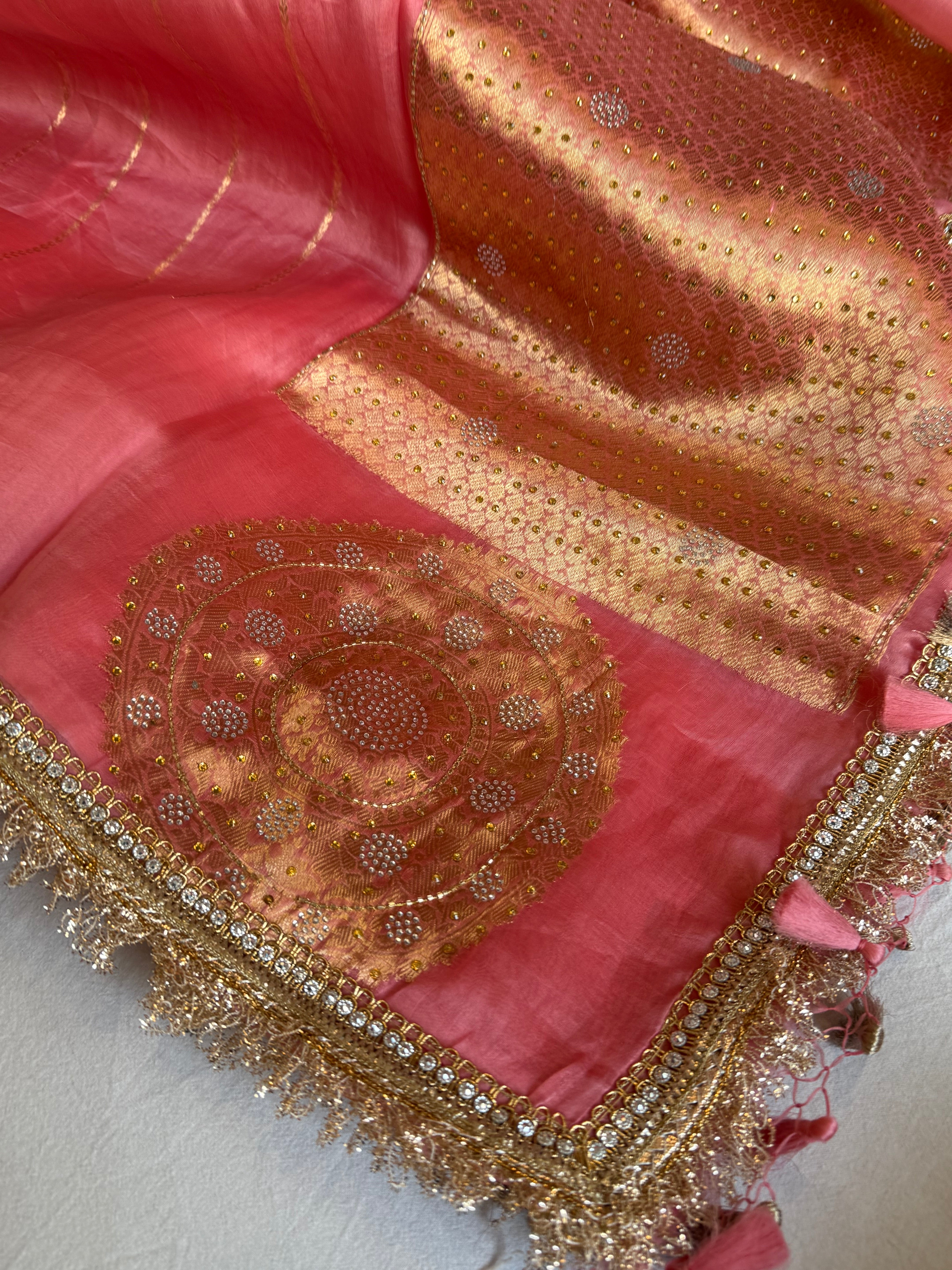 Gajri pink banarasi kora silk heavy sitara stonework kadhwa gotapatti saree