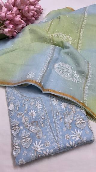 Pure Banarasi ice blue handloom premium cotton kadhwa lucknowi chikankari hand embroidered suit set with intricately hand embroidered motifs and ombre shaded duppata set