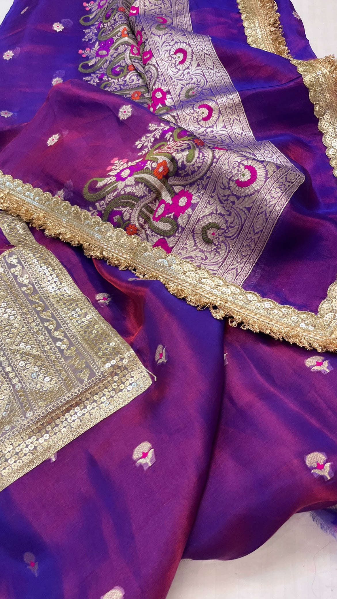 Heeramandi deep purplish-blue dhup chao effect tissue silk meenakari suit set