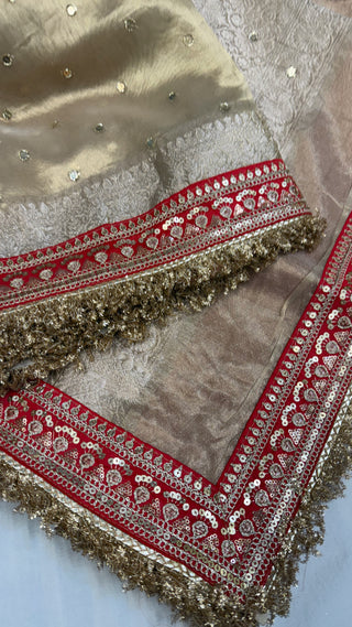 Diamond tissue silk chunri buti hand embroidered panetar saree