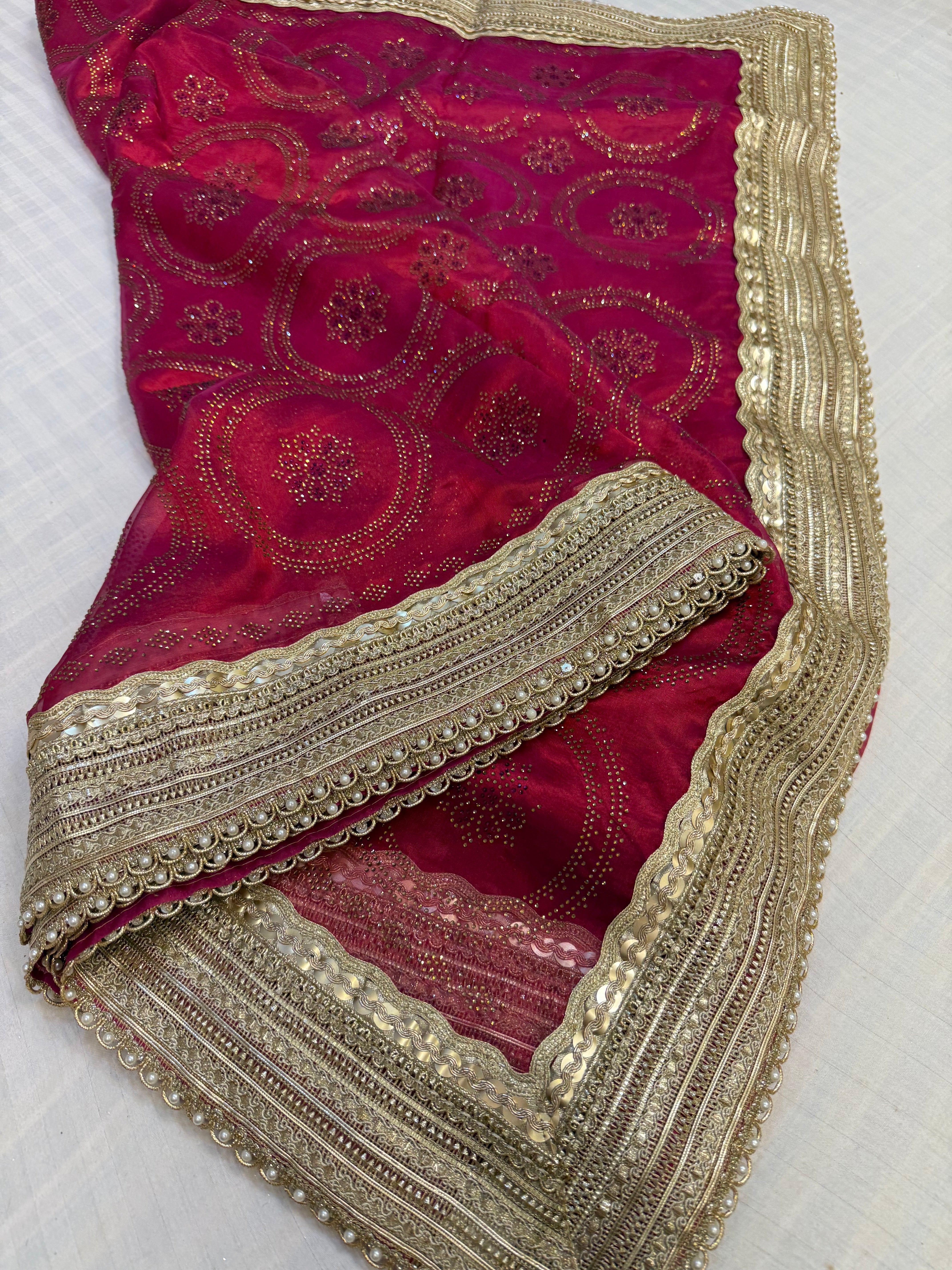 Sitara stonework cranberry red tissue silk gotapatti saree