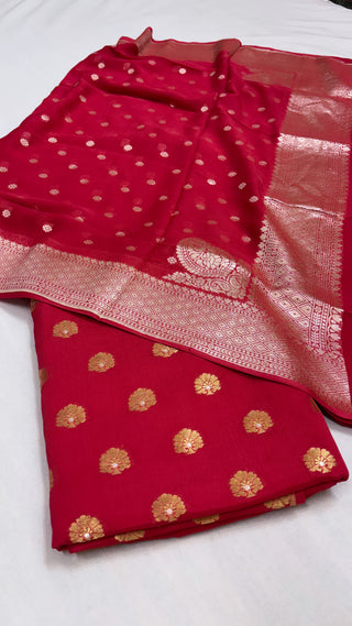 Basic red banarasi gorgette kadhwa suit set