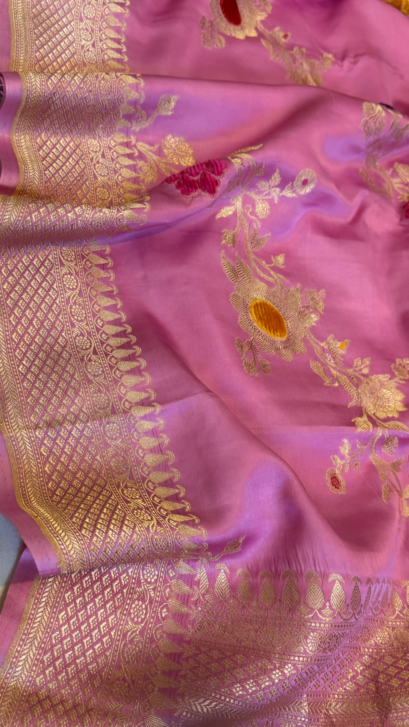 Blush pink banarasi mashru silk velvet buti kadhwa weaving saree