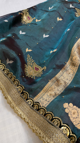 Baarat wali saree - Peacock blue husn tissue silk hand embroidered saree