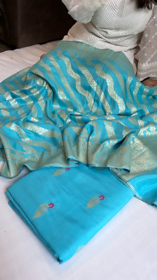 Aasmani blue moonga silk meenedar jaal suit set