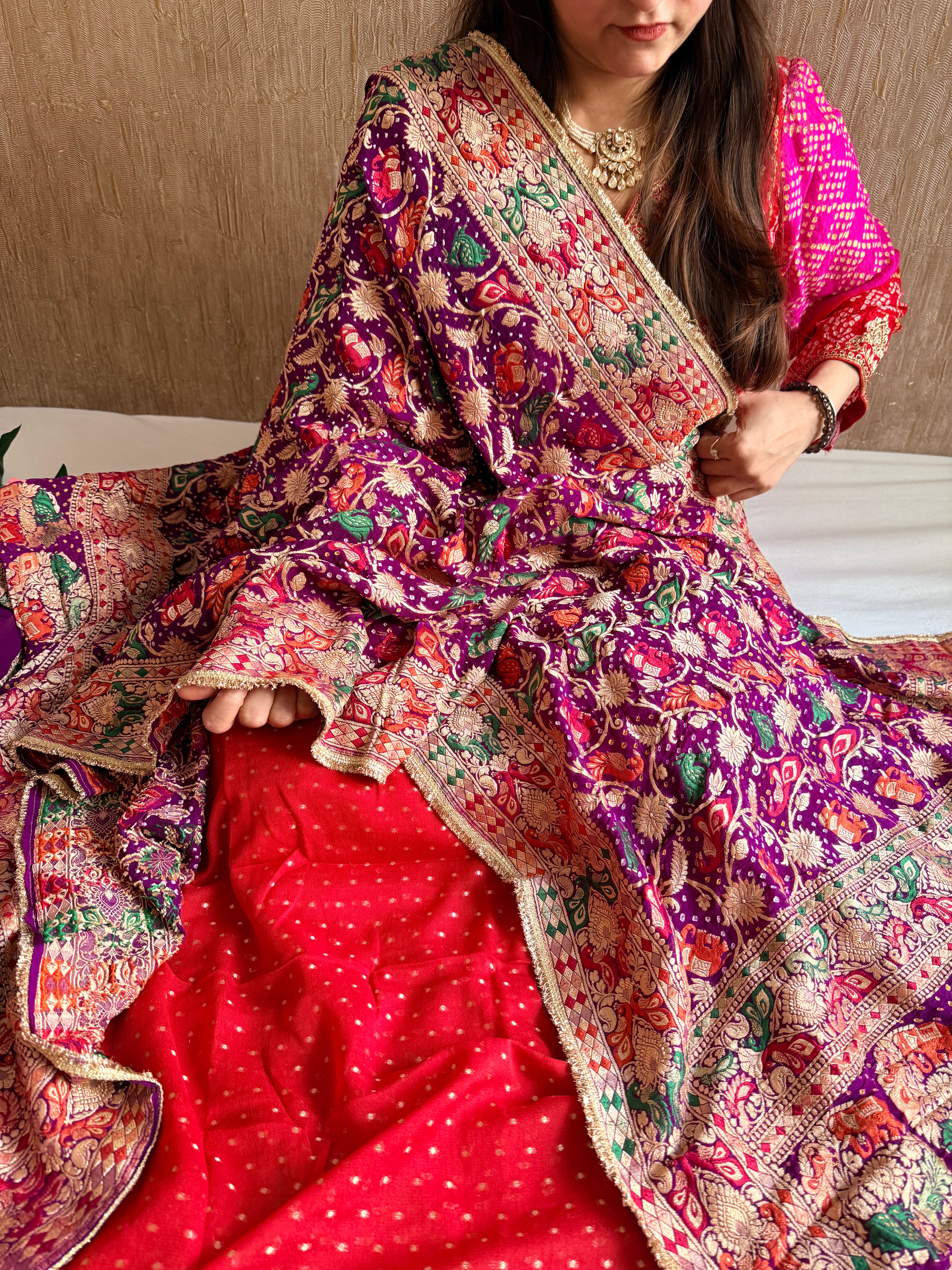 Rai bandhej chiffon gorgette sequin work hand embroidered suit set