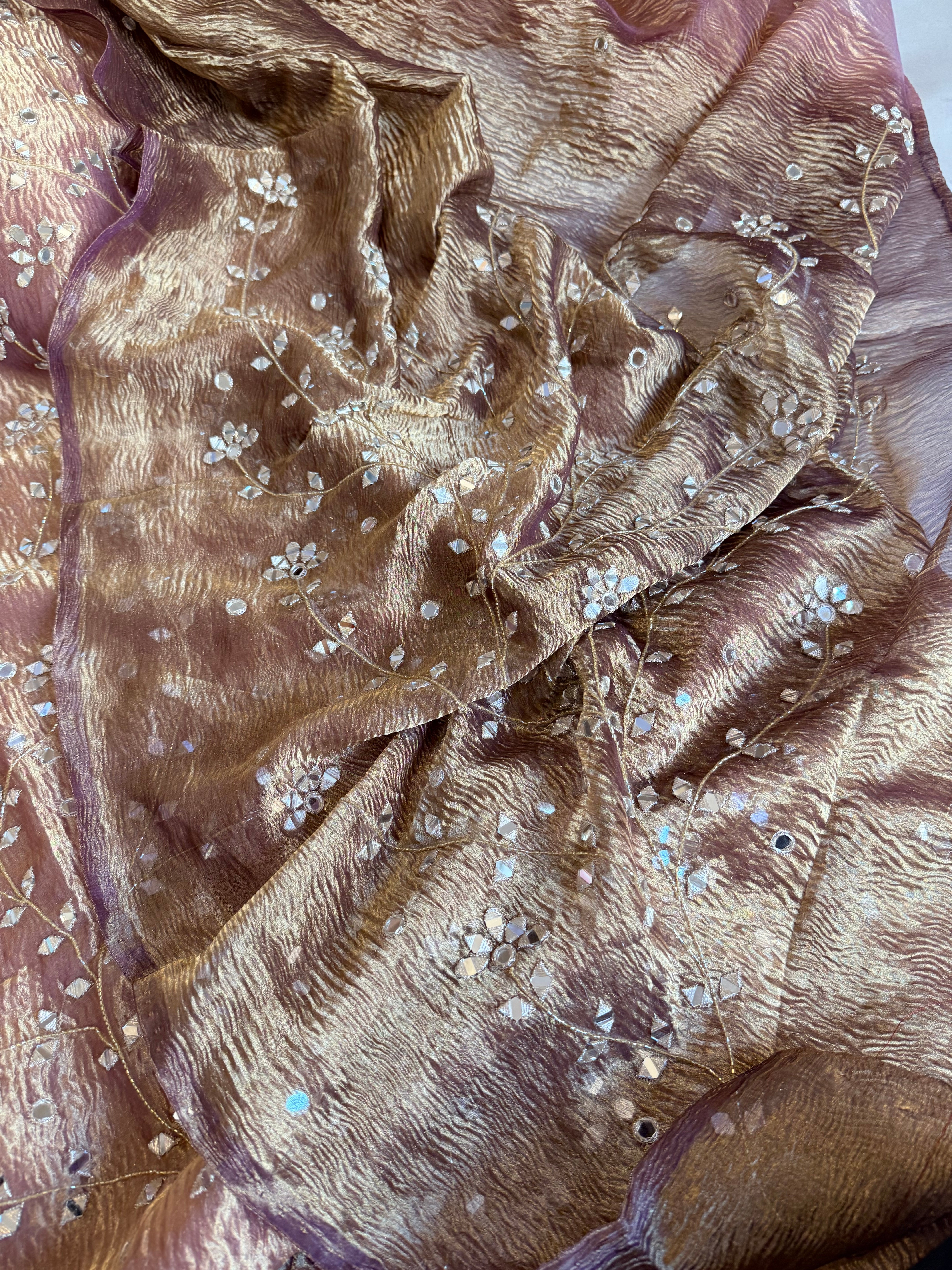 Banarasi tissue silk mirrorwork hand embroidered crushed suit sets