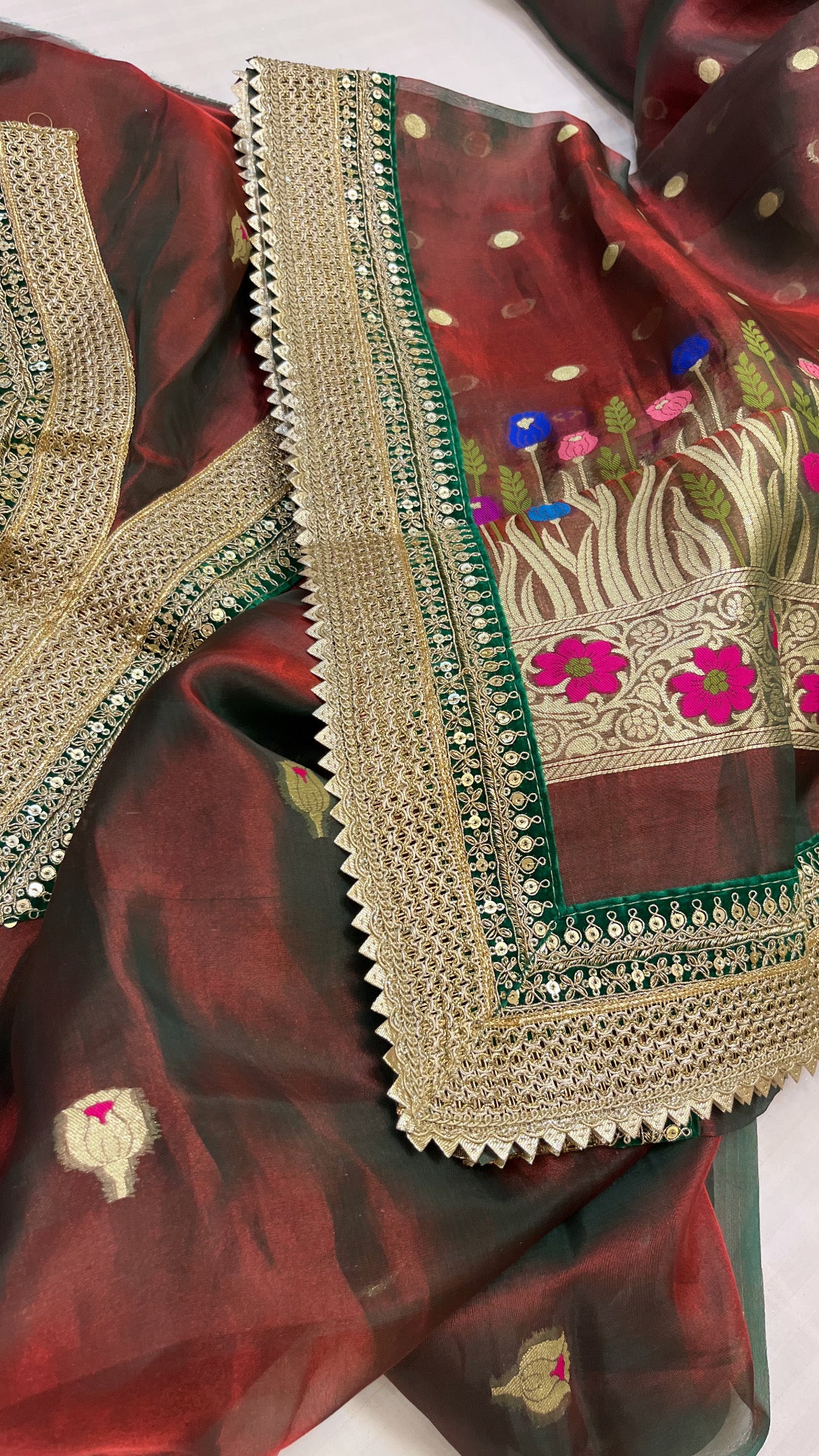 Heermandi maroonish-green tissue silk meenakari suit set