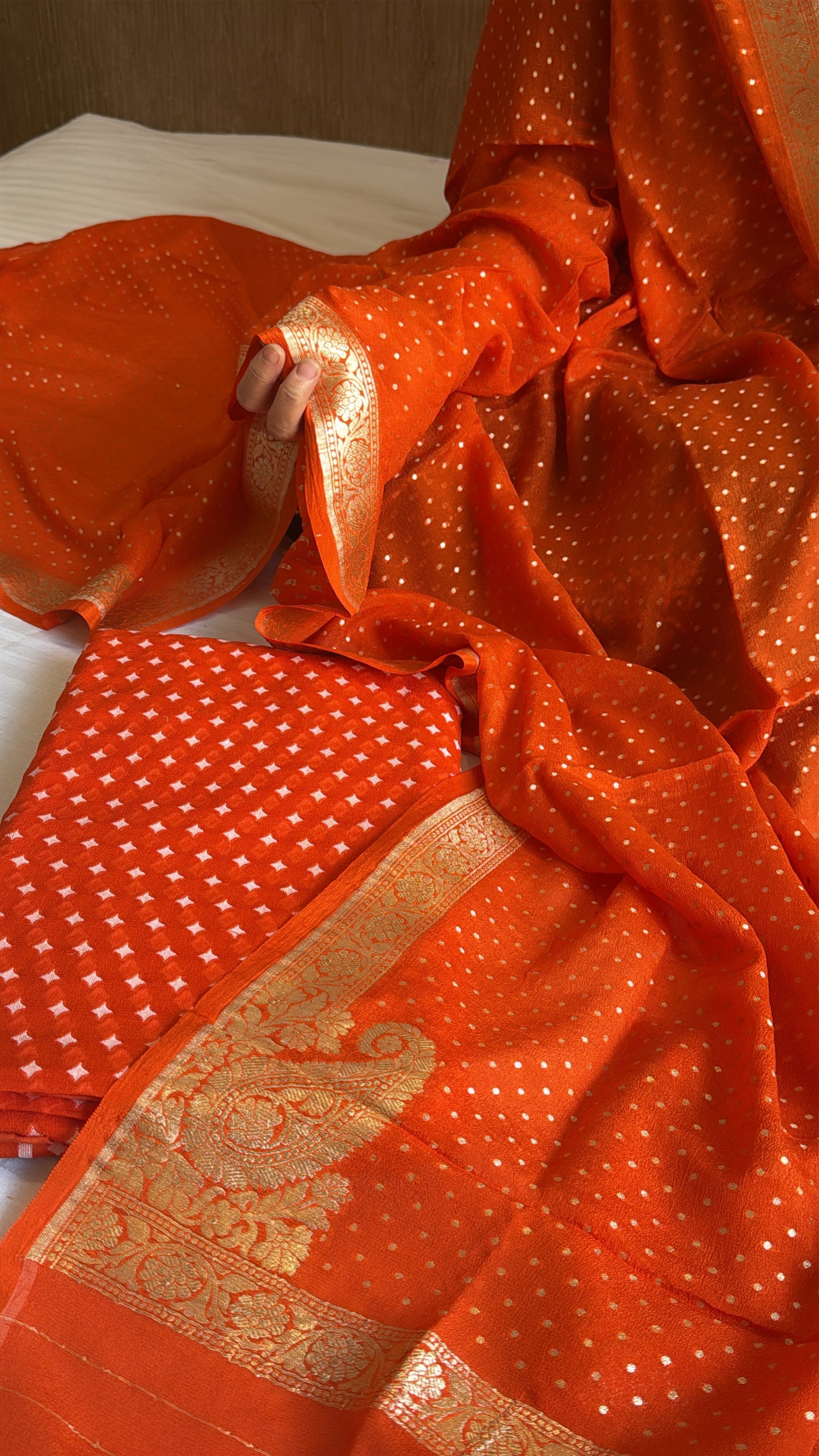 Vivah edit - Fanta orange chiffon gorgette chunri buti banarasi suit set