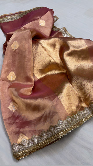 Maharani pastel blush pink tissue silk kadhwa buti saree