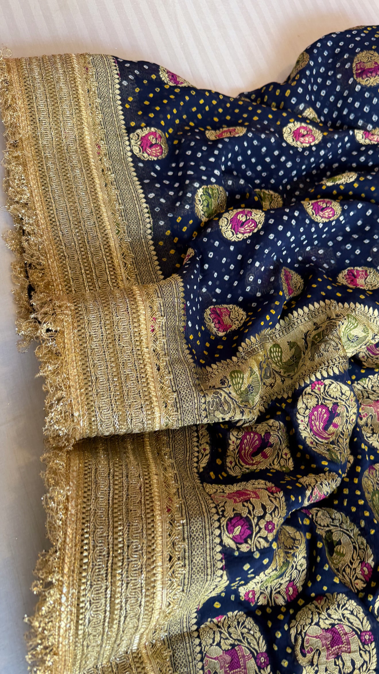 Persian blue banarasi gorgette kadhwa meenakari bandhej saree