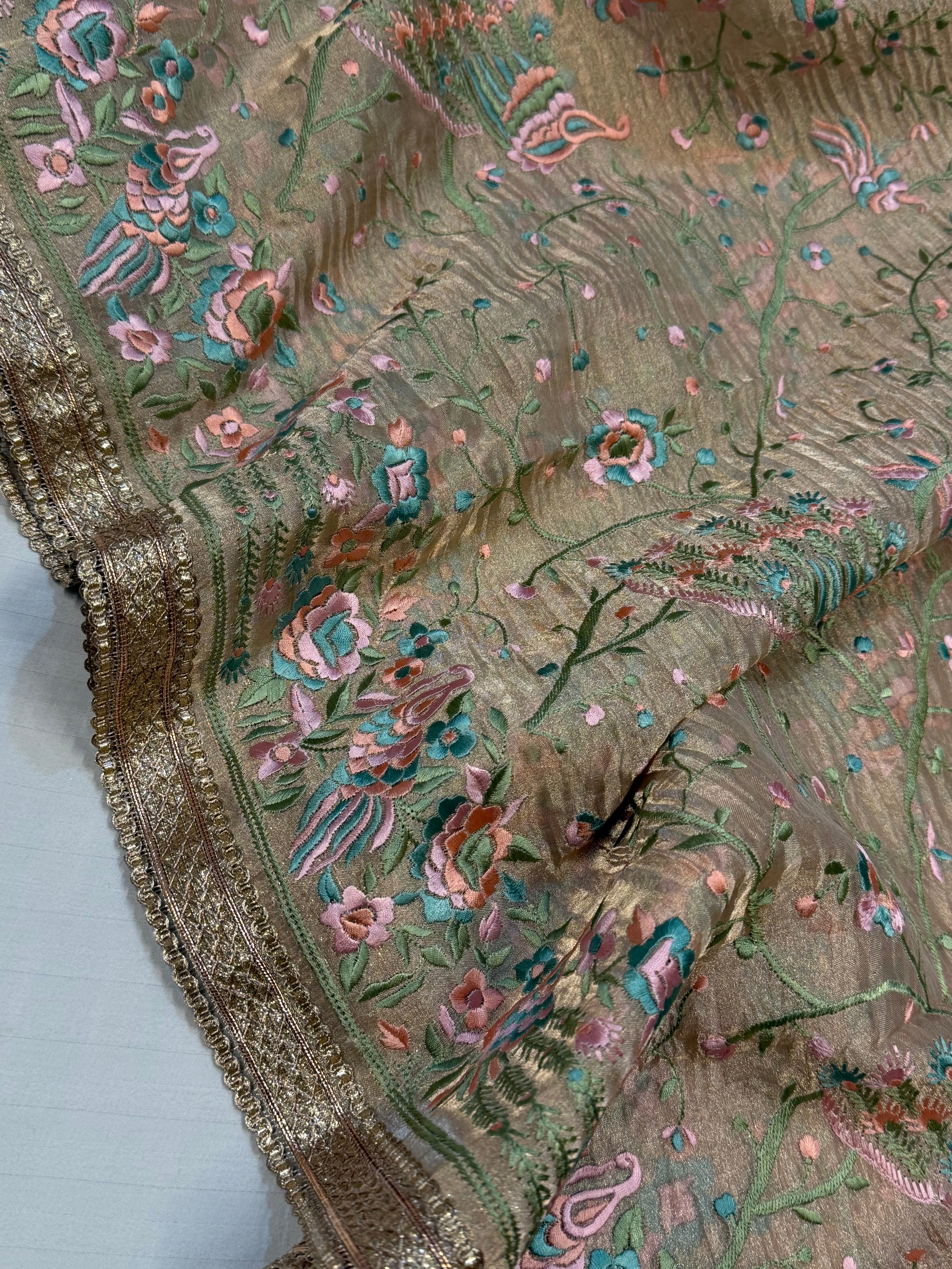 “Parsi gara” inspired tissue silk Resham work heavy hand embroidered saree