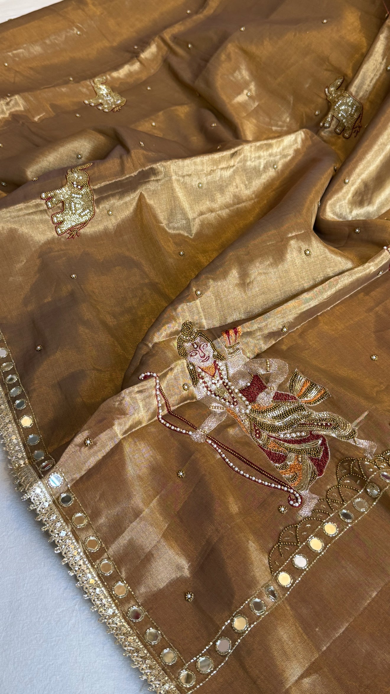 Satin tissue silk antique gold banarasi hand embroidered kadhwa saree