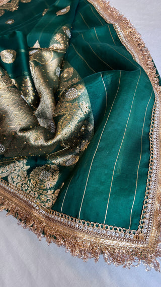 Sitara bottle green kora silk stonework saree