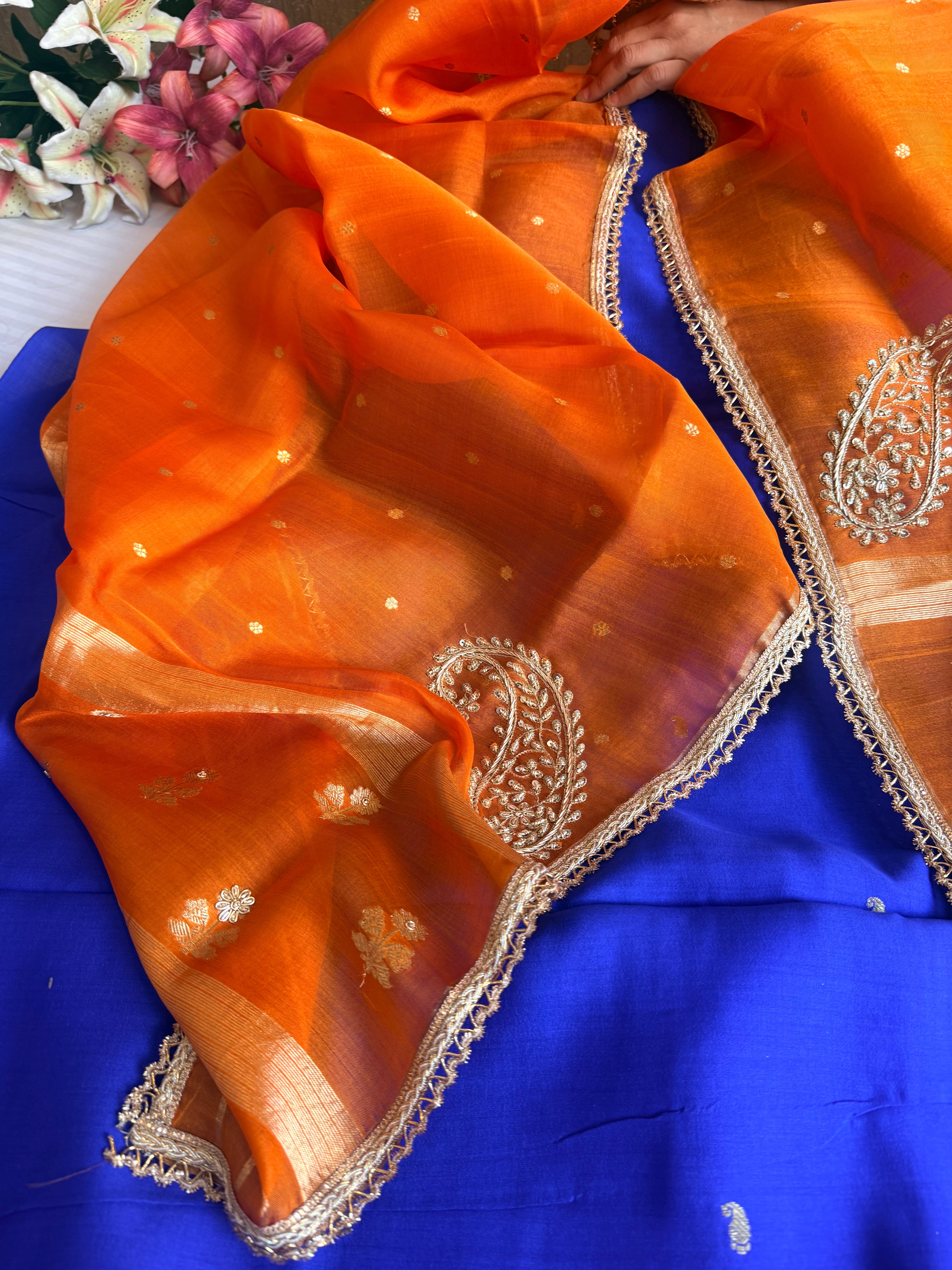 Ink blue - fanta orange chiniya silk kadhwa buta kurta paired with kora silk red duppata